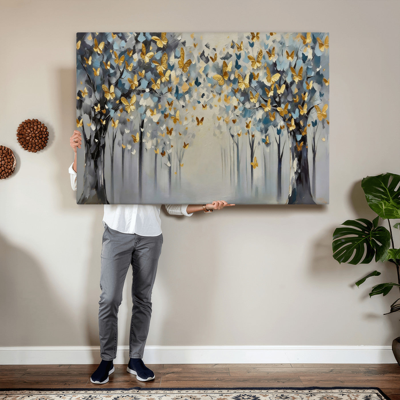 79208191-MGV-CV-36X24 - Golden Butterfly Tree Abstract Wall Art Canvas Print, Modern Elegant Nature Painting Canvas Print, Blue Gold Contemporary Floral Art Printing