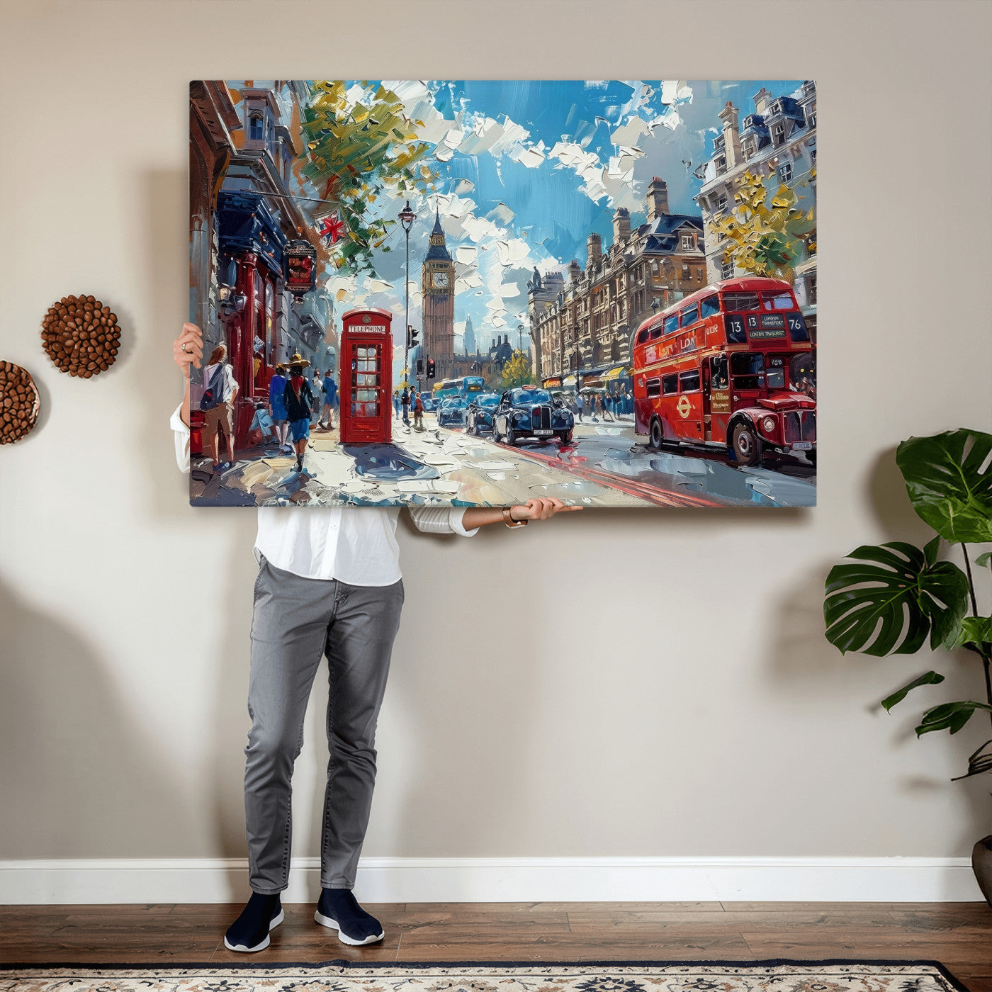 17630888-MGV-CV-36X24 - Modern London City Street Wall Art Canvas Print, Big Ben & Red Bus Artwork Canvas Print