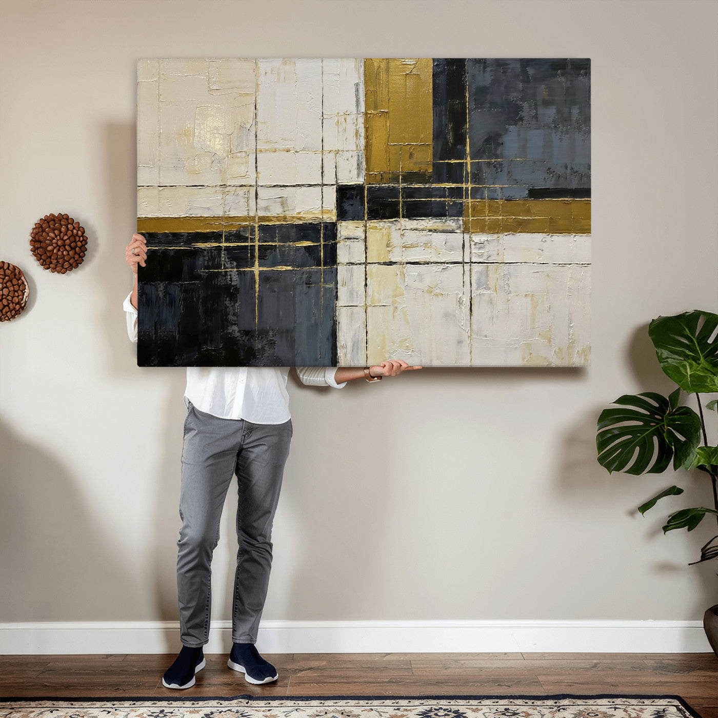 36097945-MGV-CV-36X24 - Abstract Gold and Black Wall Art Canvas Print – Modern Geometric Neutral Artwork for Living Room Decor