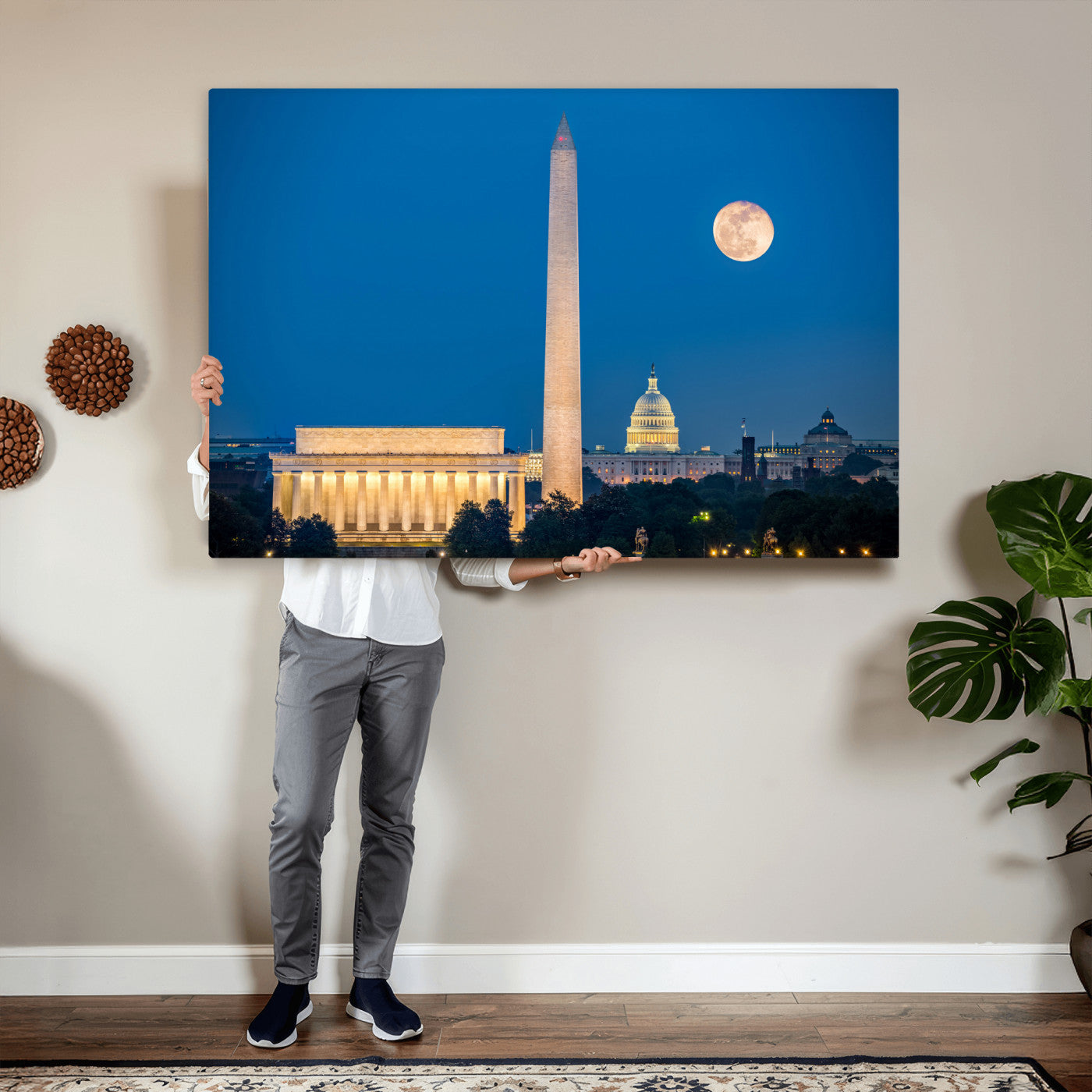 96712946-MGV-CV-36X24 - Washington DC Skyline Wall Art Canvas Print – Lincoln Memorial, Washington Monument and US Capitol Night Cityscape Artwork