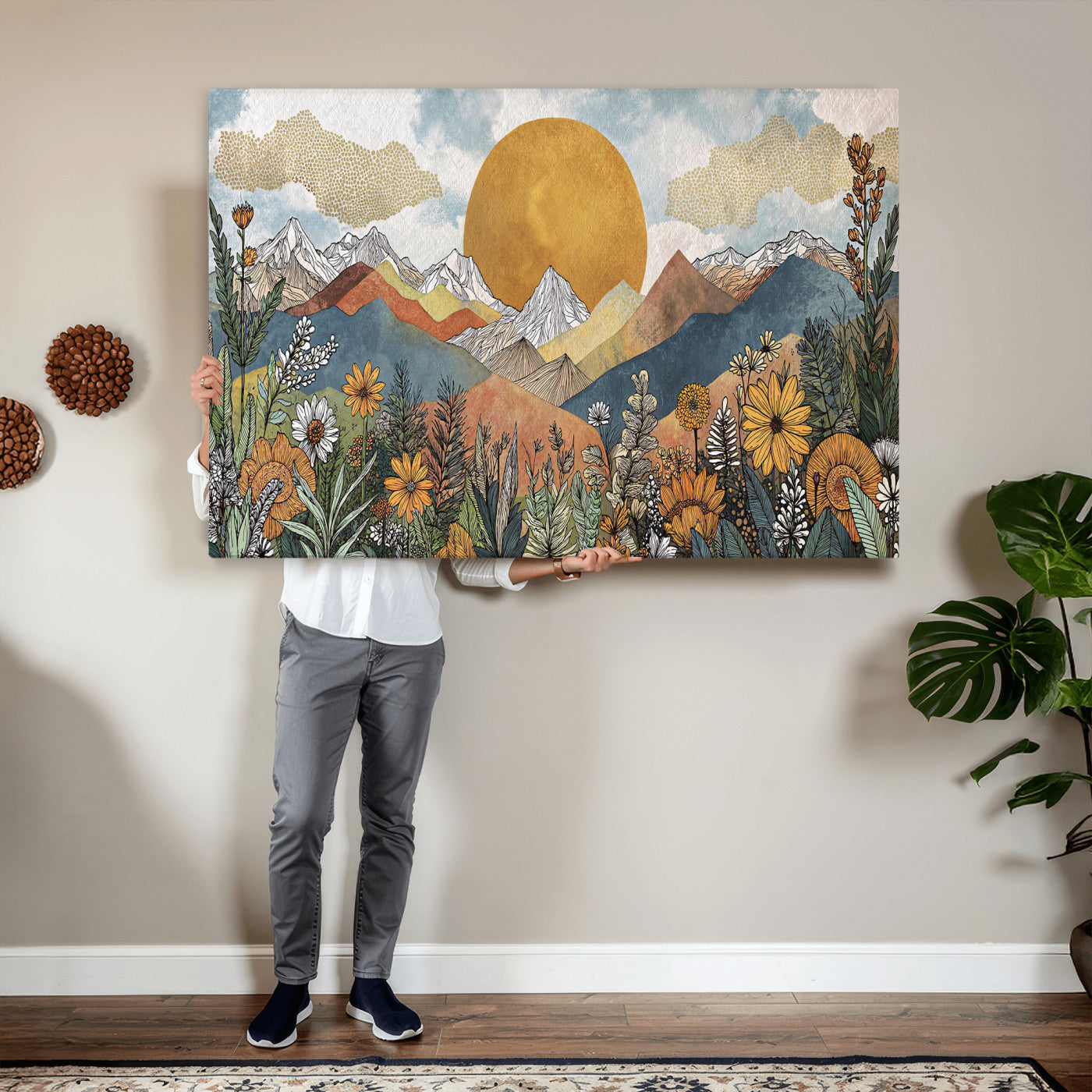 17540863-MGV-CV-36X24 - Boho Mountain Landscape Large Wall Art, Horizontal Gold Framed Canvas Print with Sun and Flowers