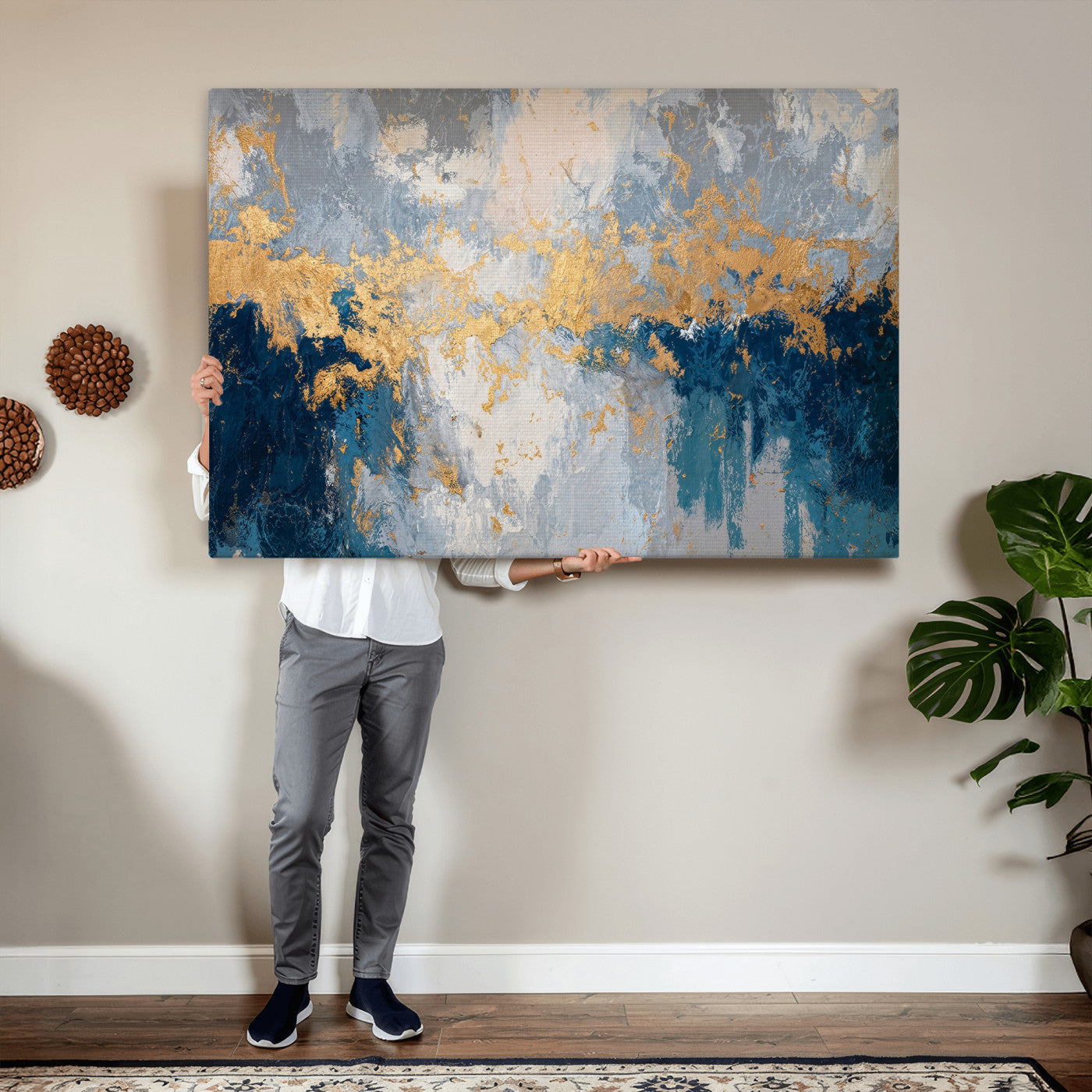 65386119-MGV-CV-36X24 - Blue Gold Abstract Large Framed Canvas Wall Art, Modern Luxury Painting Print in Horizontal Oversized Minimal Wall Decor Artwork