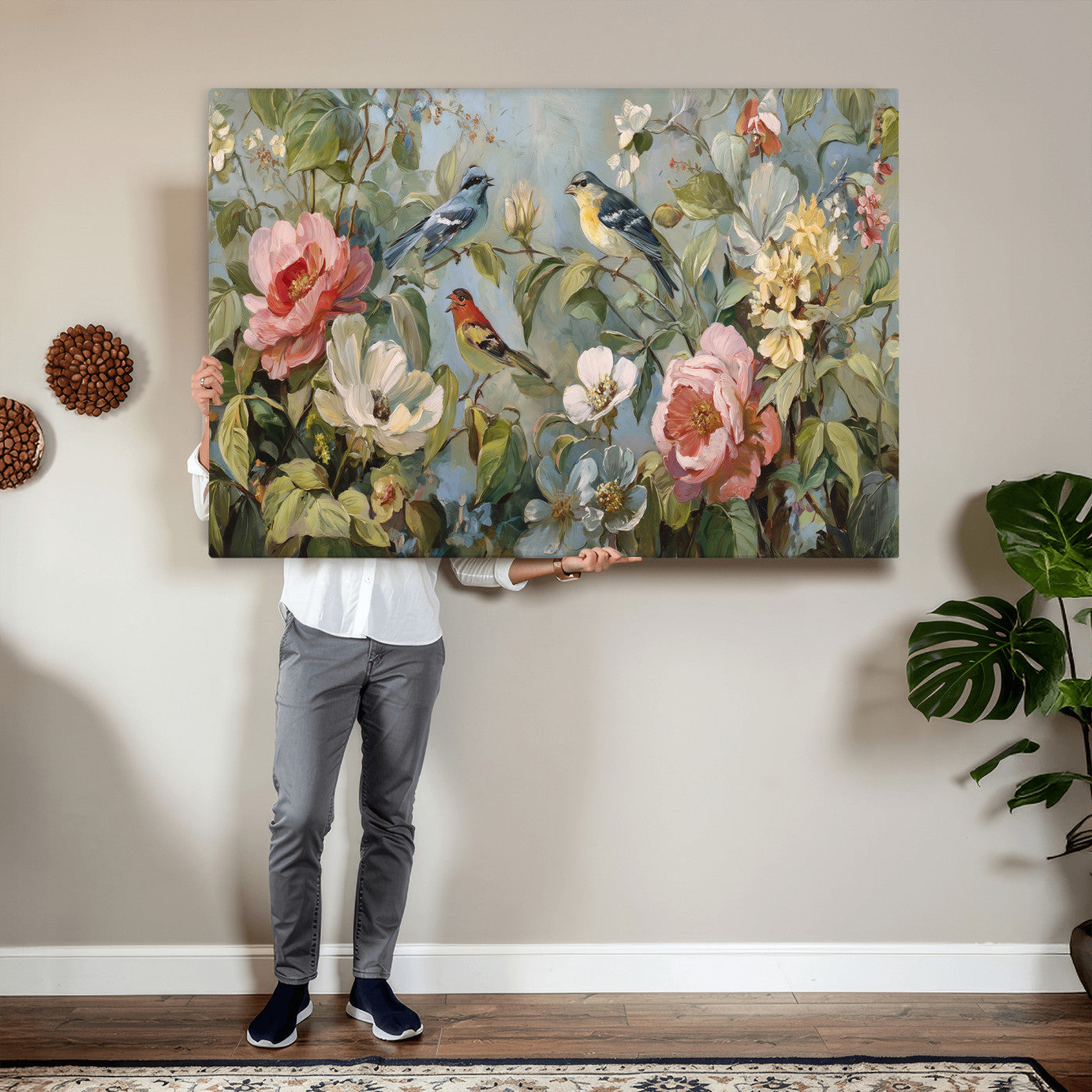 55440837-MGV-CV-36X24 - Vintage Birds and Flowers Wall Art Canvas Print, Botanical Bird Painting Canvas Print, Floral Garden Bird Artwork Canvas Print, Classic Bird Flower Painting Canvas Print