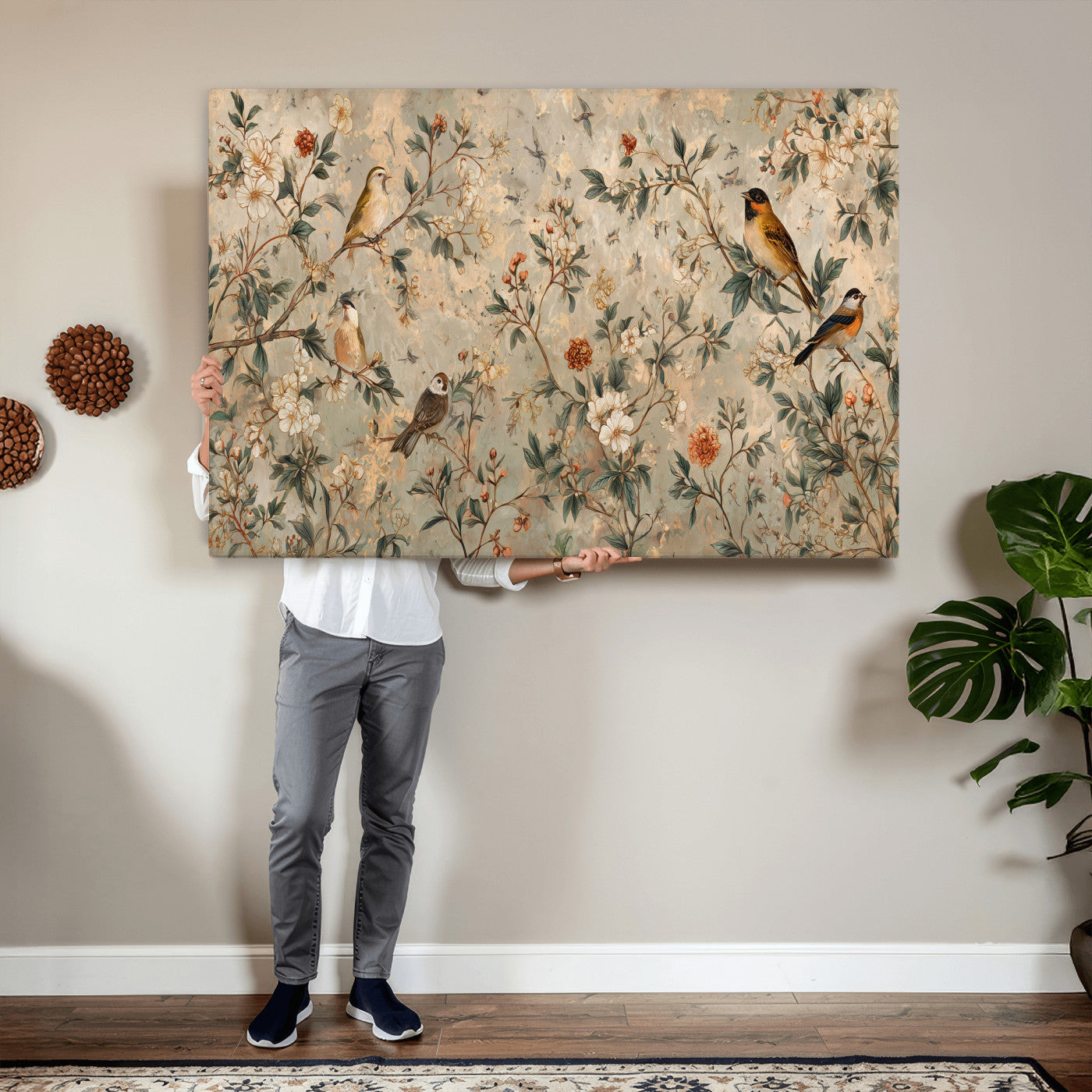 76588438-MGV-CV-36X24 - Vintage Birds and Flowers Wall Art Canvas Print, Botanical Bird Painting Canvas Print, Floral Garden Bird Artwork Canvas Print, Classic Bird Flower Painting Canvas Print