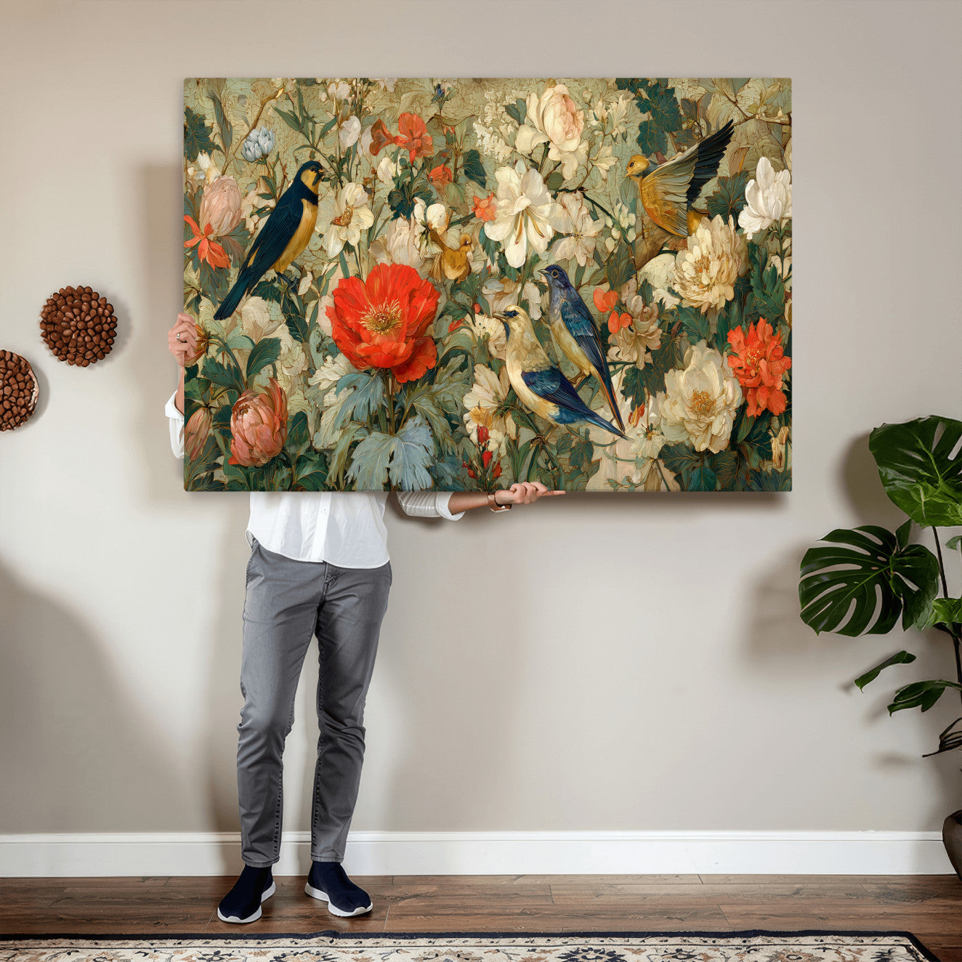 52904757-MGV-CV-36X24 - Vintage Birds and Flowers Wall Art Canvas Print, Botanical Bird Painting Canvas Print, Floral Garden Bird Artwork Canvas Print, Classic Bird Flower Painting Canvas Print