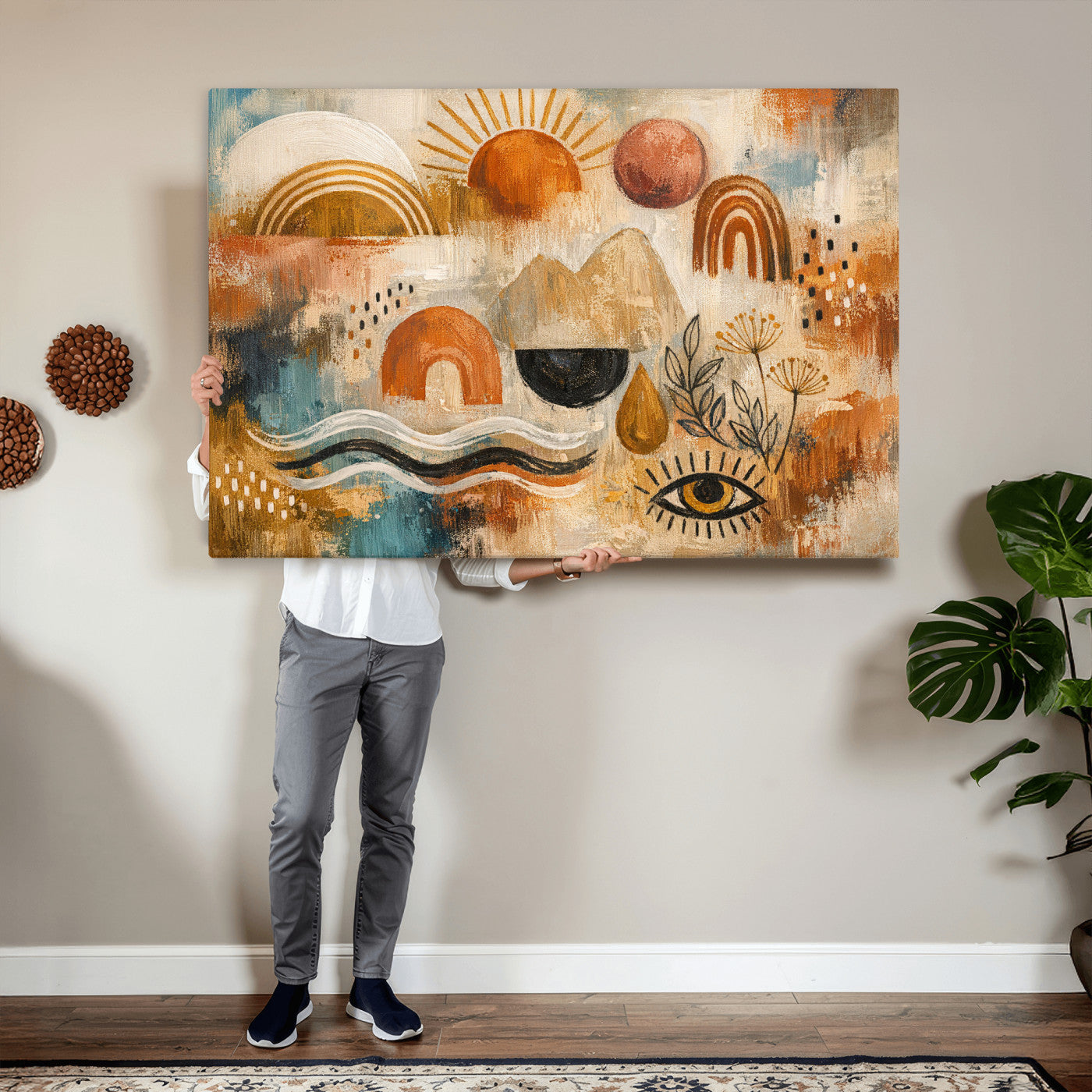 52155239-MGV-CV-36X24 - Geometric Boho Abstract Wall Art Canvas Print, Orange Blue Abstract Expressionist Painting Print, Modern Geometric Abstract Canvas Art