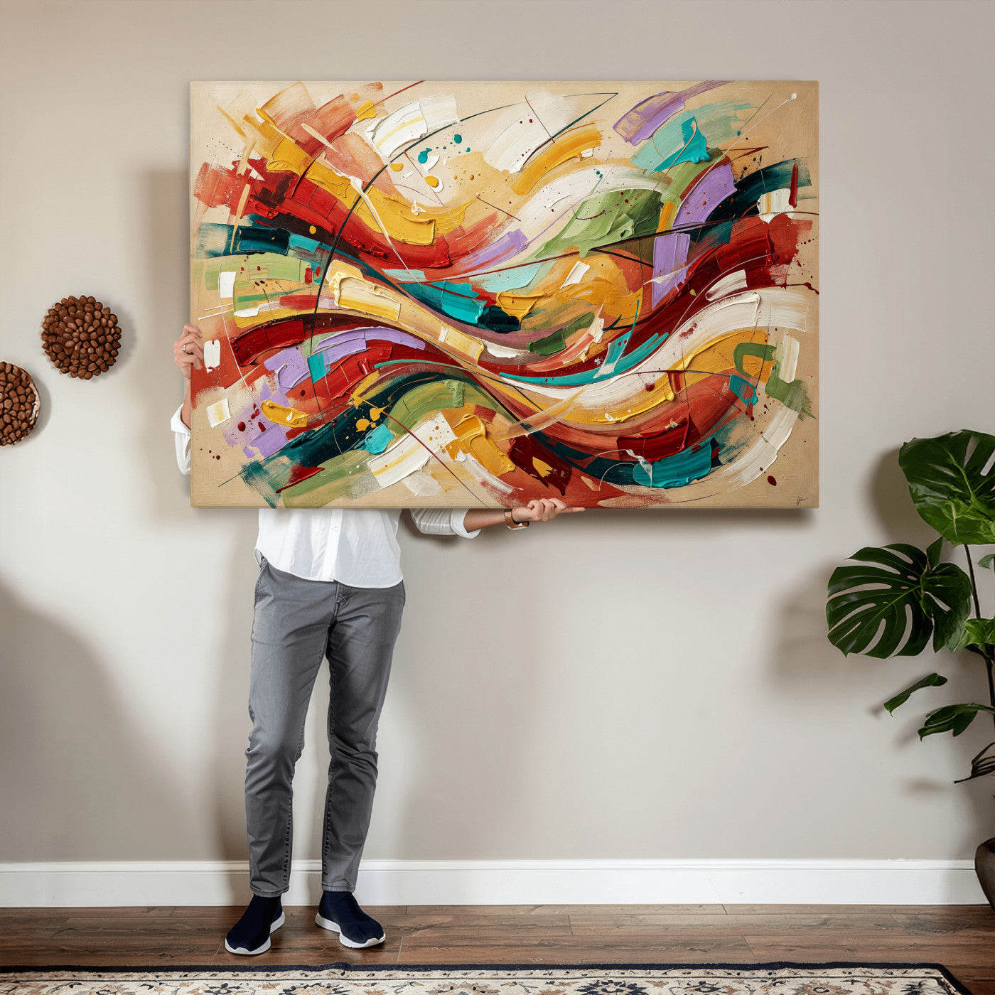 39887645-MGV-CV-36X24 - Geometric Abstract Wall Art Canvas Print, Orange Blue Abstract Expressionist Painting Print, Modern Geometric Abstract Canvas Art