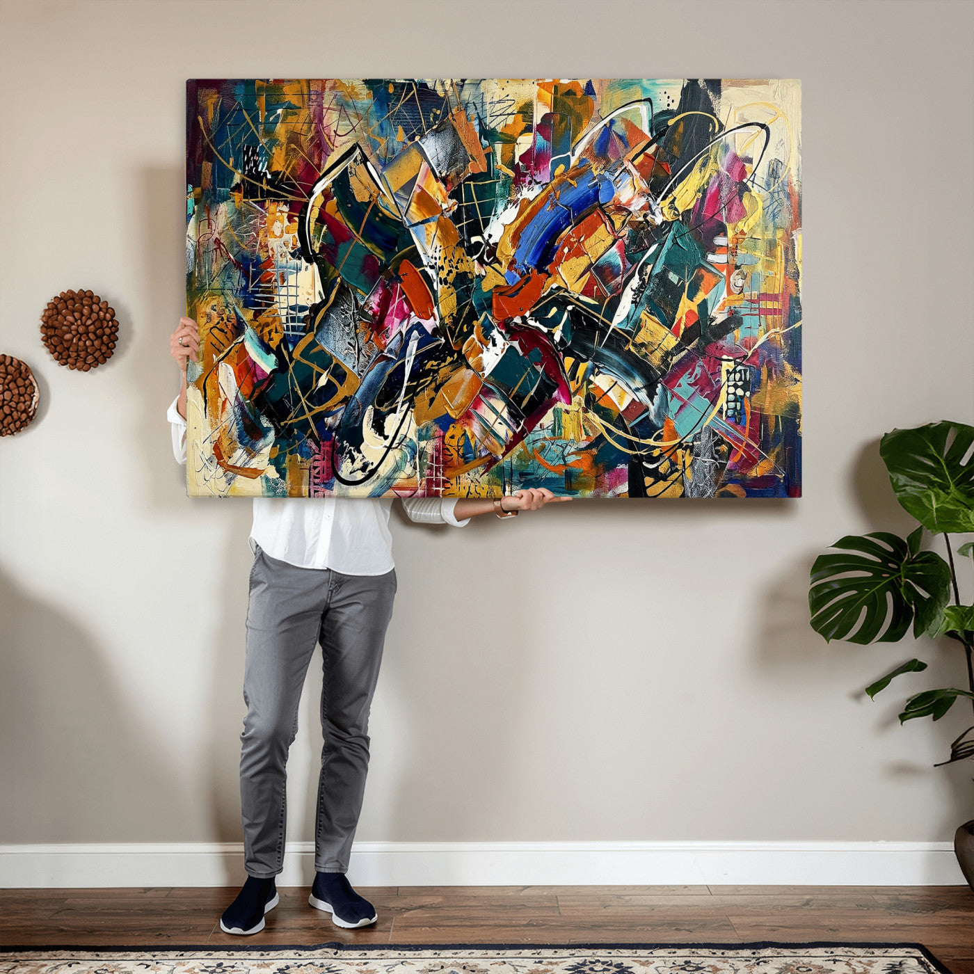 15525527-MGV-CV-36X24 - Geometric Abstract Wall Art Canvas Print, Orange Blue Abstract Expressionist Painting Print, Modern Geometric Abstract Canvas Art