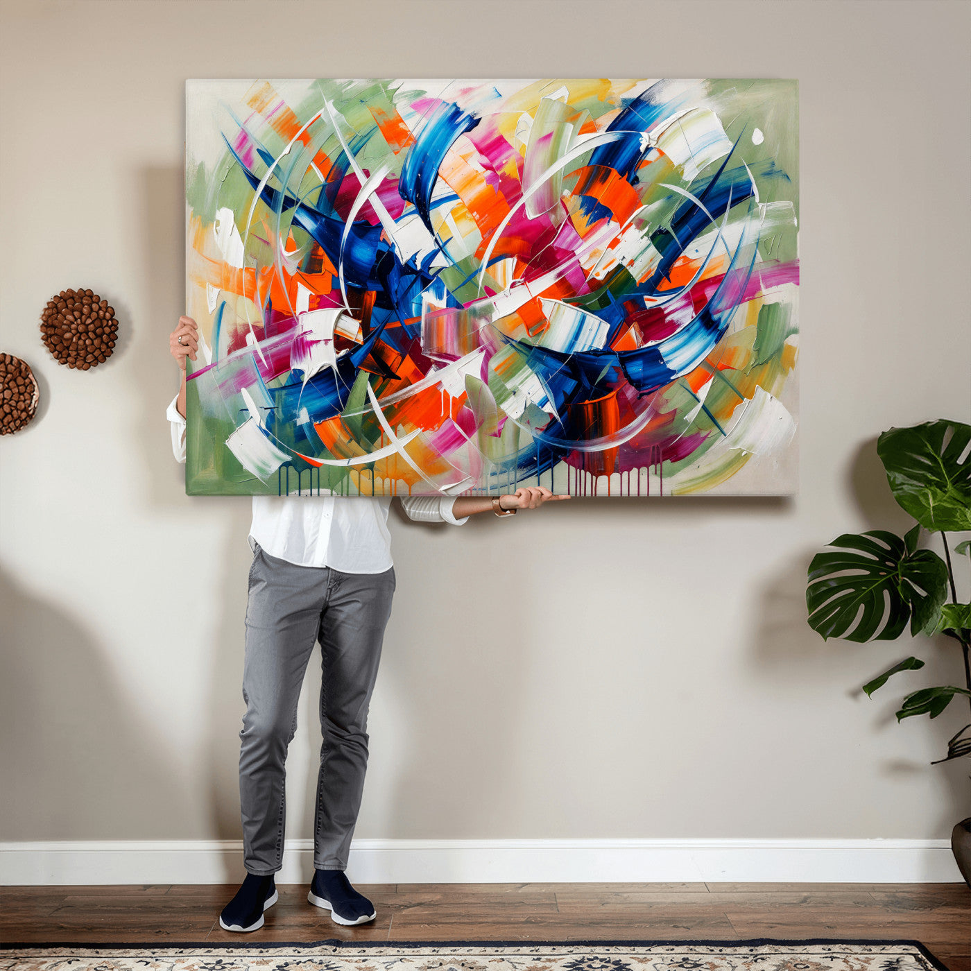 15032888-MGV-CV-36X24 - Geometric Abstract Wall Art Canvas Print, Orange Blue Abstract Expressionist Painting Print, Modern Geometric Abstract Canvas Art