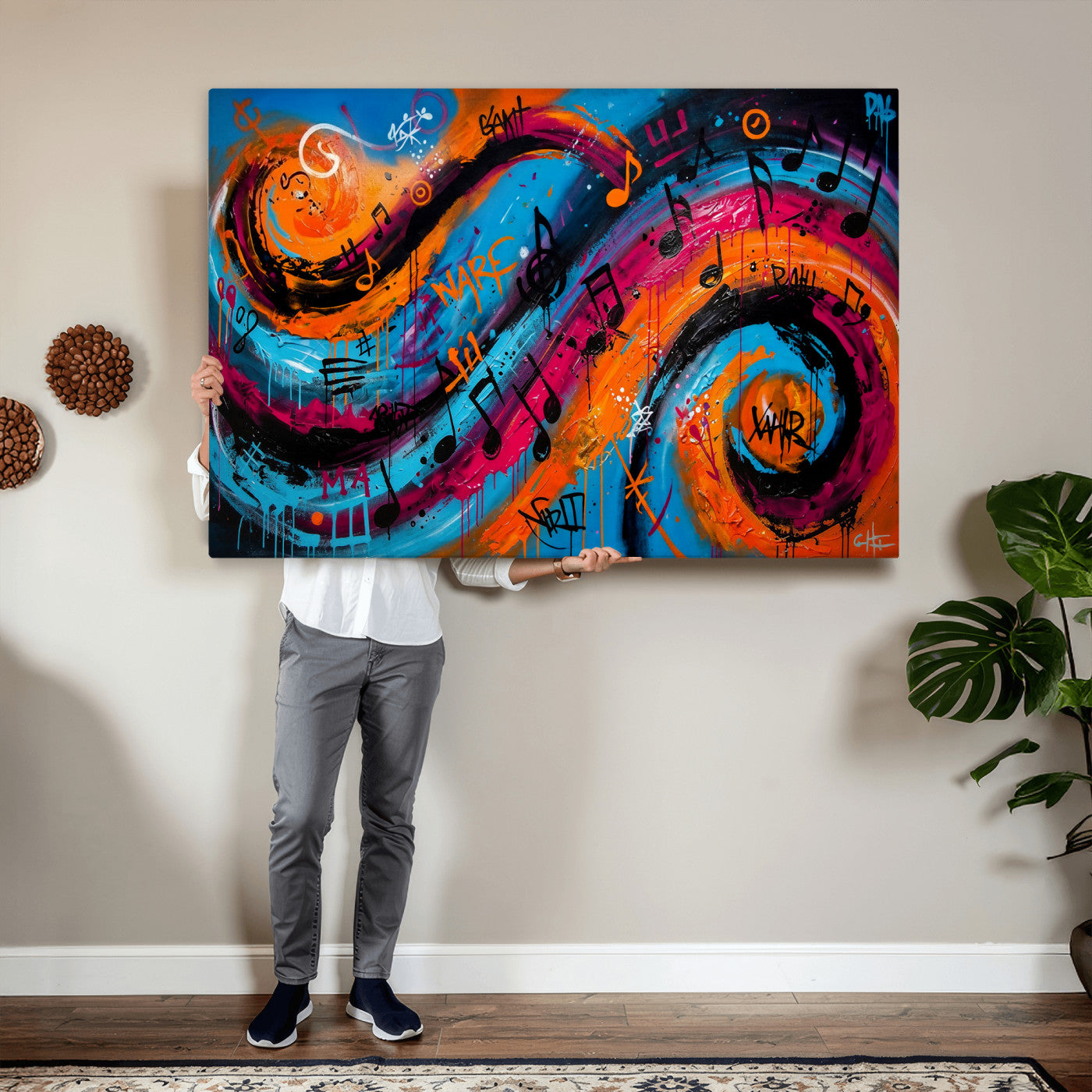 34936518-MGV-CV-36X24 - Geometric Abstract Wall Art Canvas Print, Orange Blue Abstract Expressionist Painting Print, Modern Geometric Abstract Canvas Art