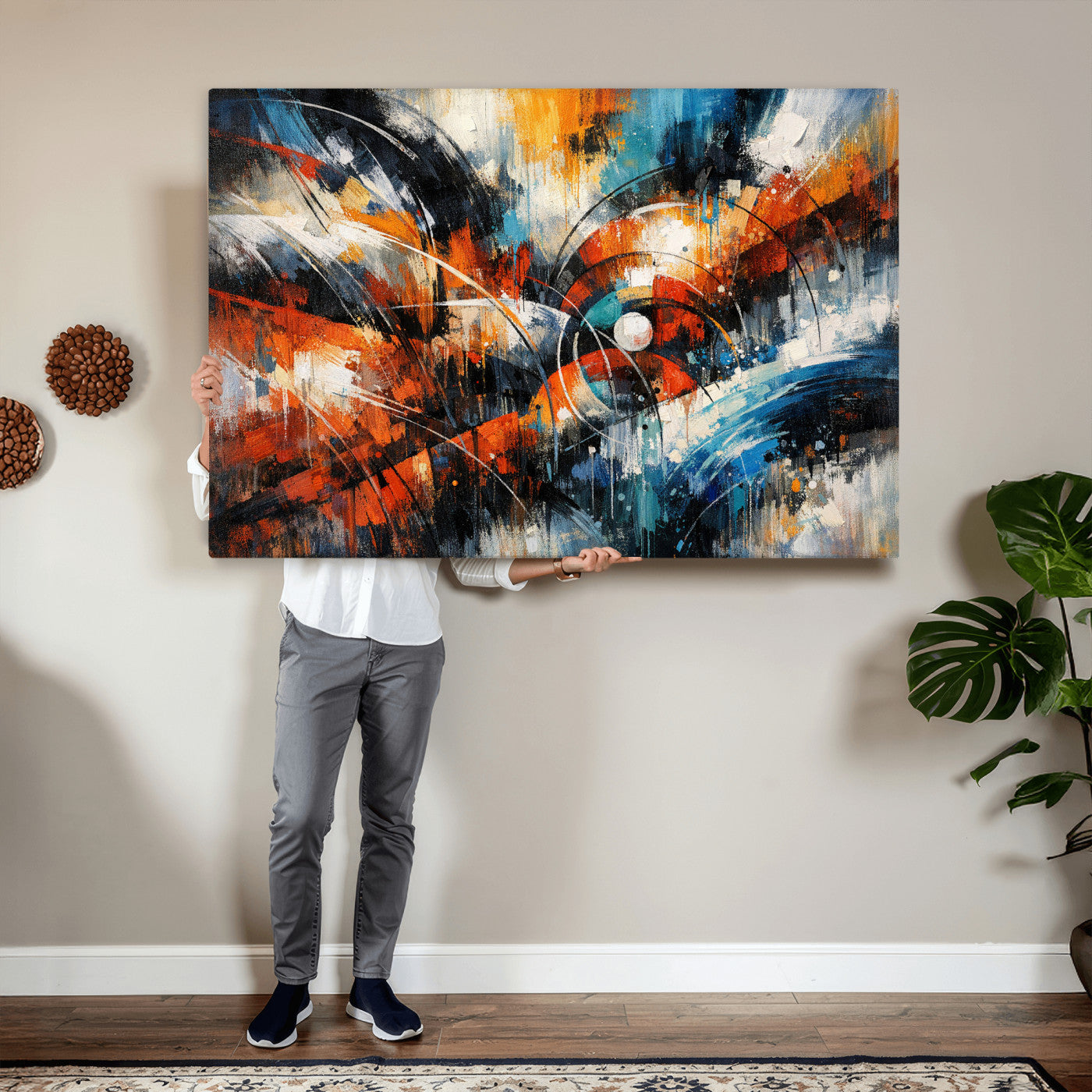 47120691-MGV-CV-36X24 - Geometric Abstract Wall Art Canvas Print, Orange Blue Abstract Expressionist Painting Print, Modern Geometric Abstract Canvas Art