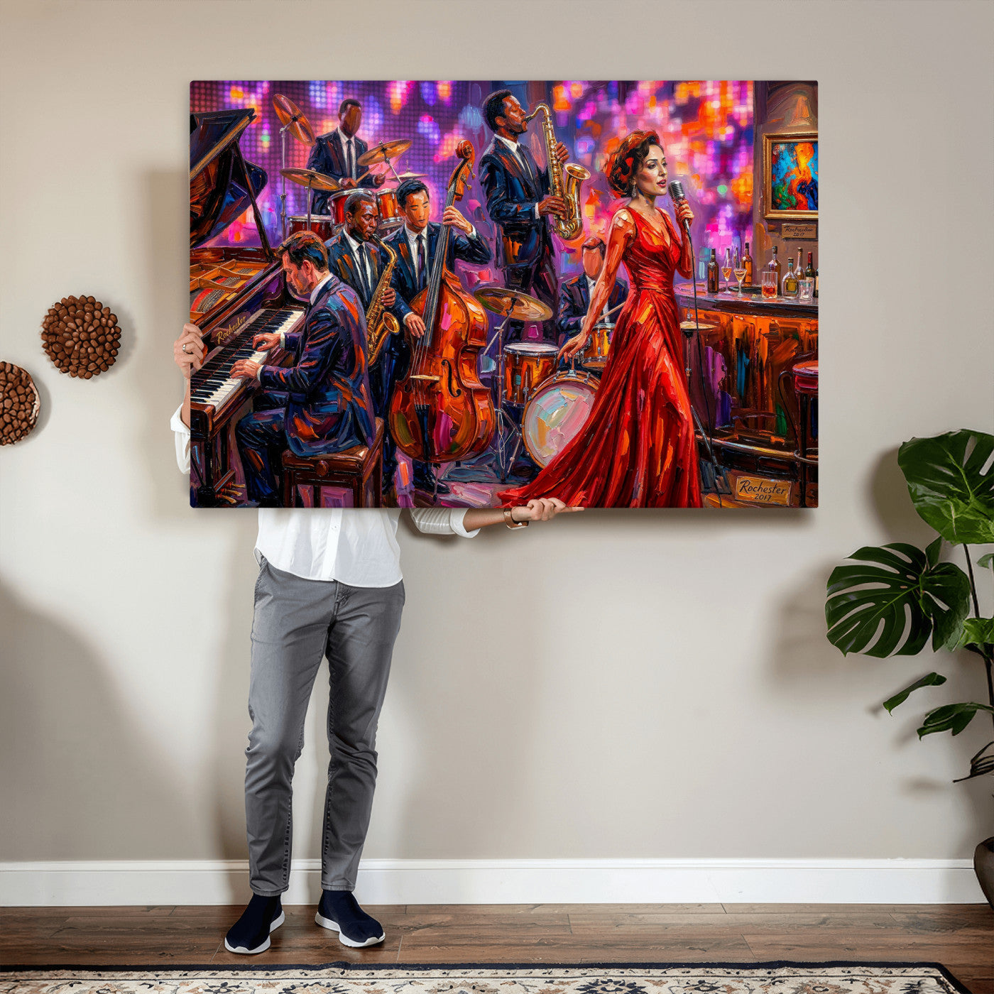 620930J20-MGV-CV-36X24 - Jazz Band Canvas Wall Art — Jazz Club Singer Saxophone Print | Music Wall Decor | Bar Restaurant Art | Music Lover Gift | Jazz Home Decor