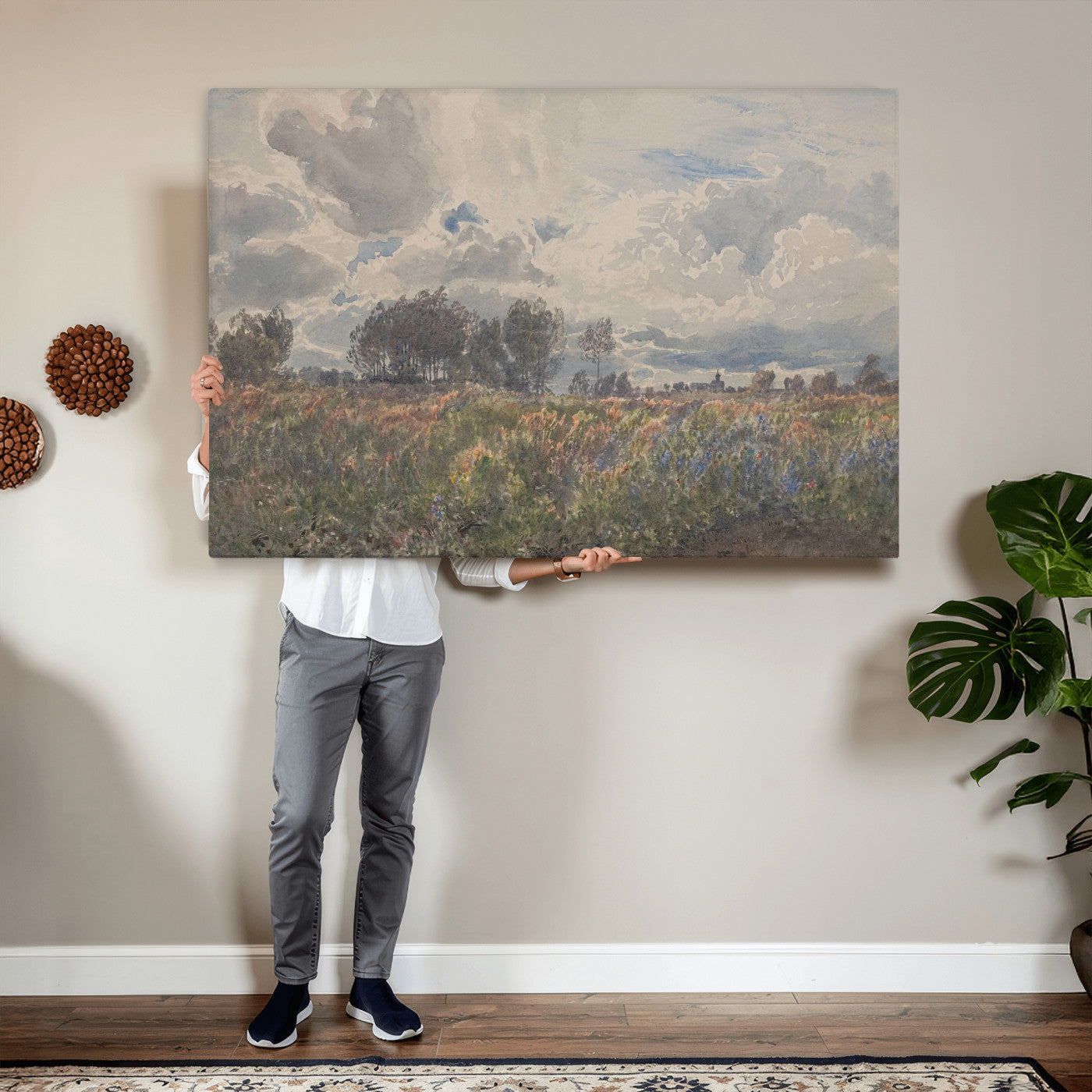 76626885-MGV-CV-36X24 - Vintage Watercolor Meadow Canvas Wall Art — English Pastoral Wildflower Storm Sky Print | Cottagecore Nature Decor | Classic Landscape Gift