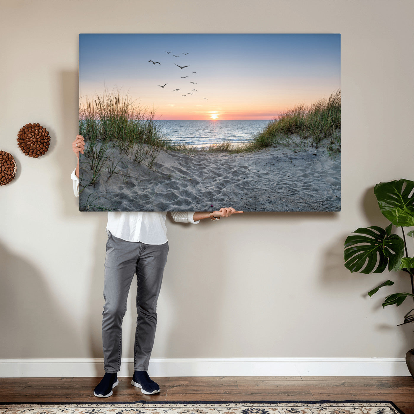 12172032-MGV-CV-36X24 - Sandy Dune Path Sunset Canvas Wall Art — Seagulls Beach Ocean Photography Print | Coastal Home Decor | Nautical Wall Art | Beach House Gift