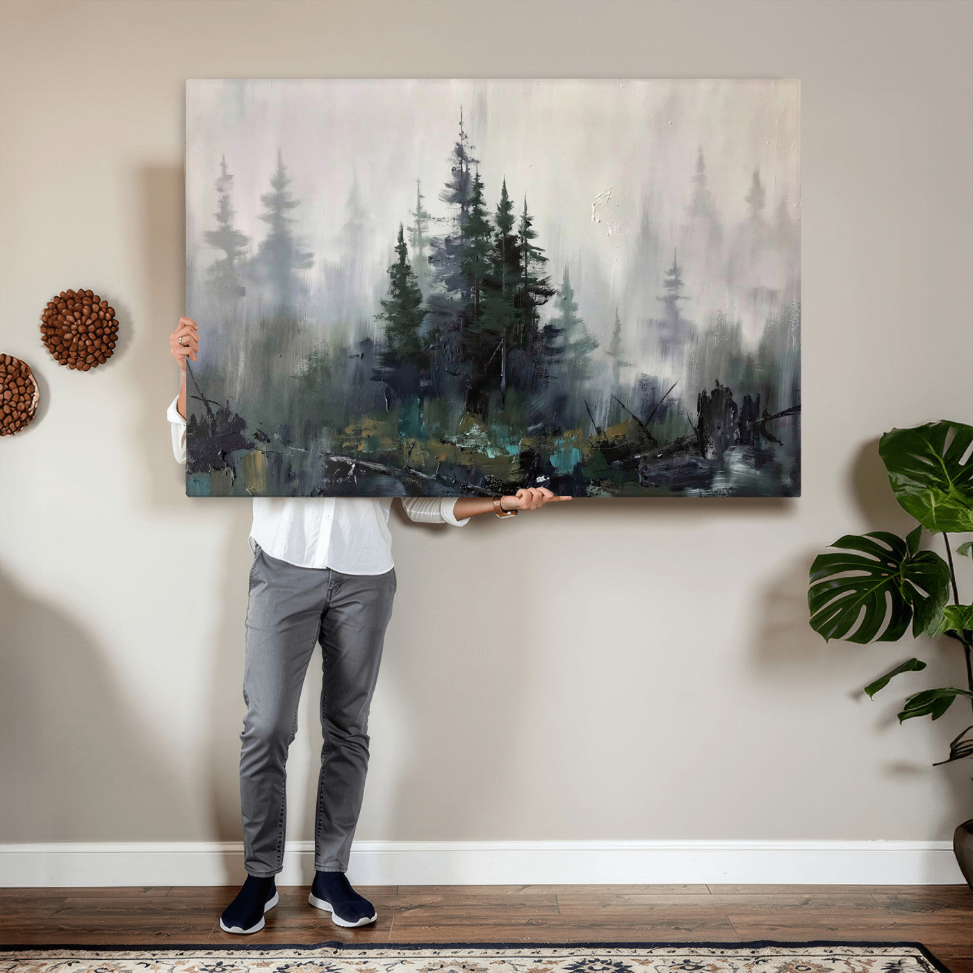 94143325-MGV-CV-36X24 - Misty Pine Forest Oil Painting Canvas — Dark Moody Teal Grey Tree Print | Japandi Scandinavian Wall Art | Minimalist Nature Decor Gift