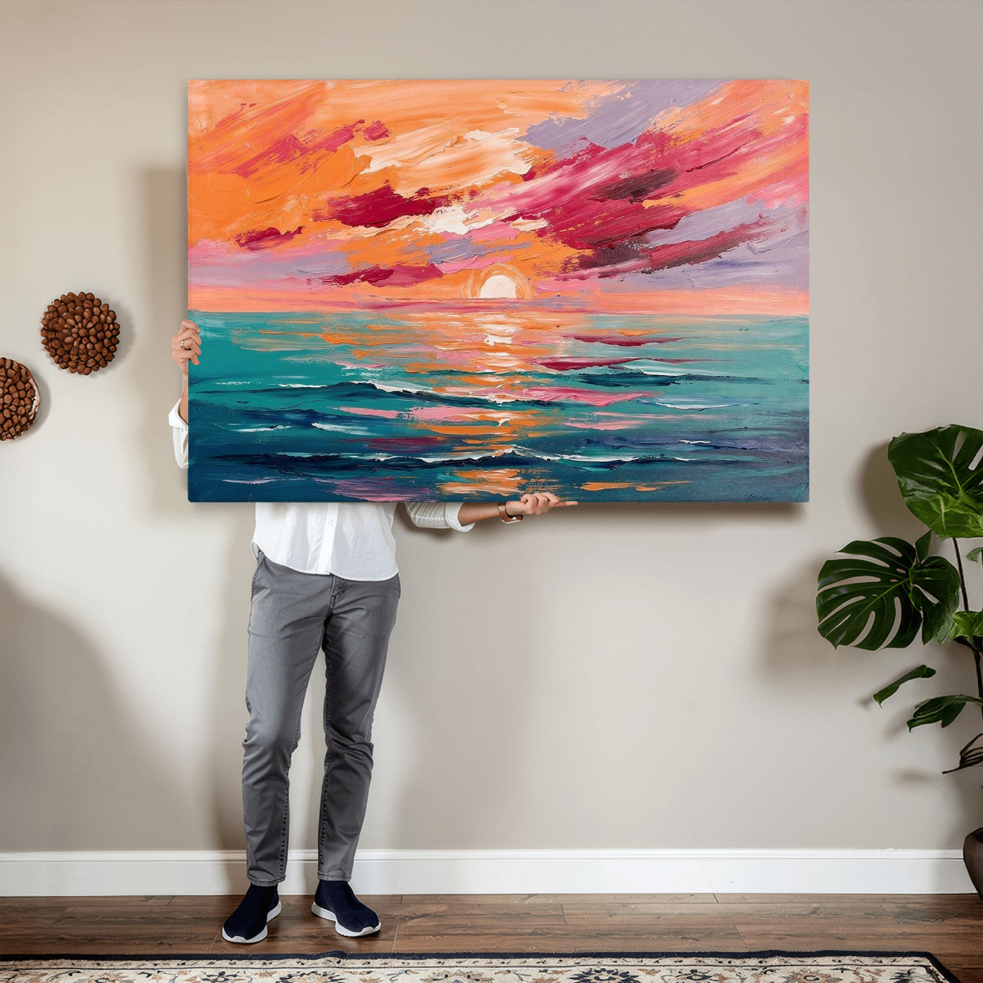26763902-MGV-CV-36X24 - Bold Palette Knife Ocean Sunset Canvas — Orange Pink Teal Expressionist Sea Print | Colorful Coastal Wall Art | Vibrant Beach Decor Gift