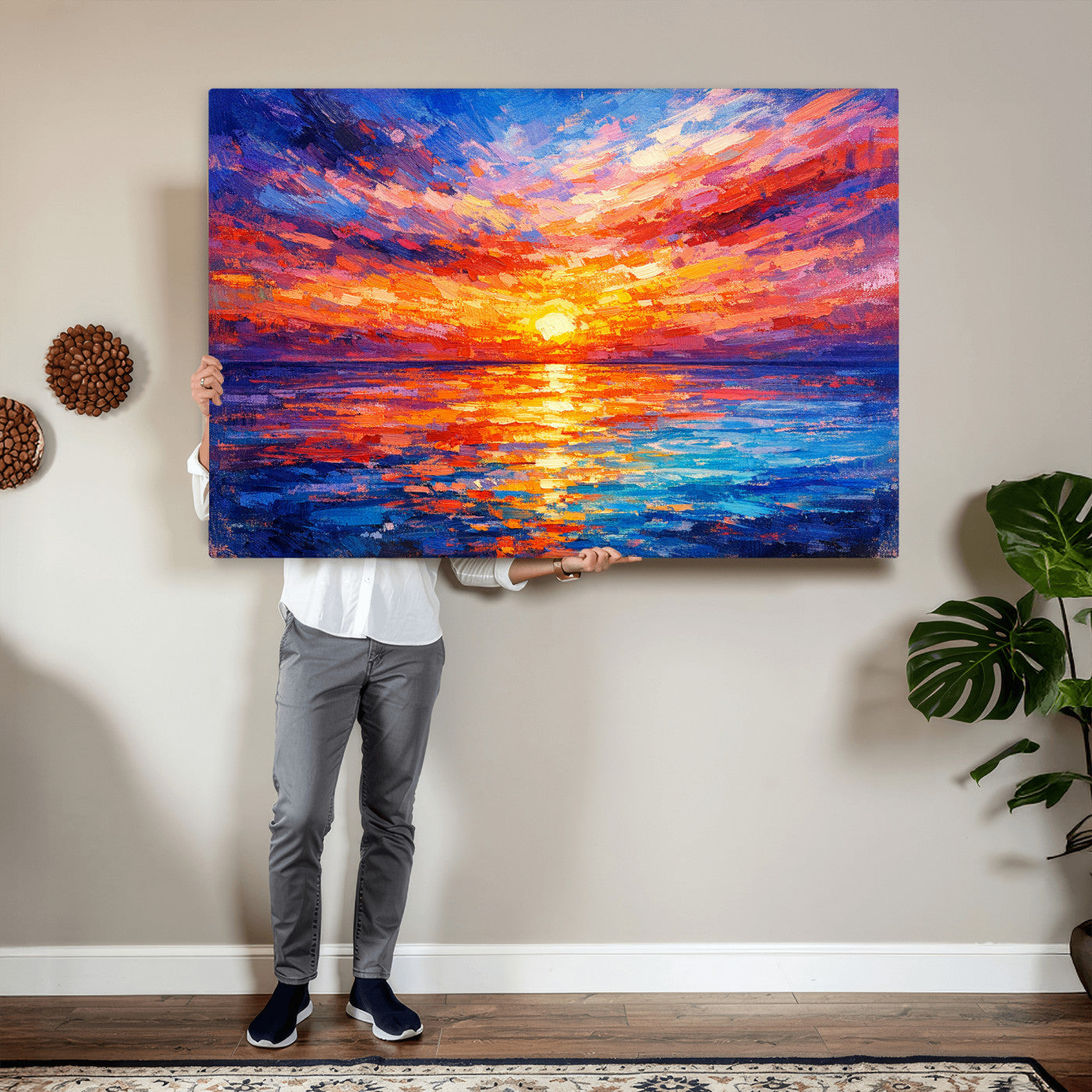 54915078-MGV-CV-36X24 - Colorful Knife Ocean Sunset Canvas — Orange Pink Teal Expressionist Sea Print | Colorful Coastal Wall Art | Vibrant Beach Decor Gift