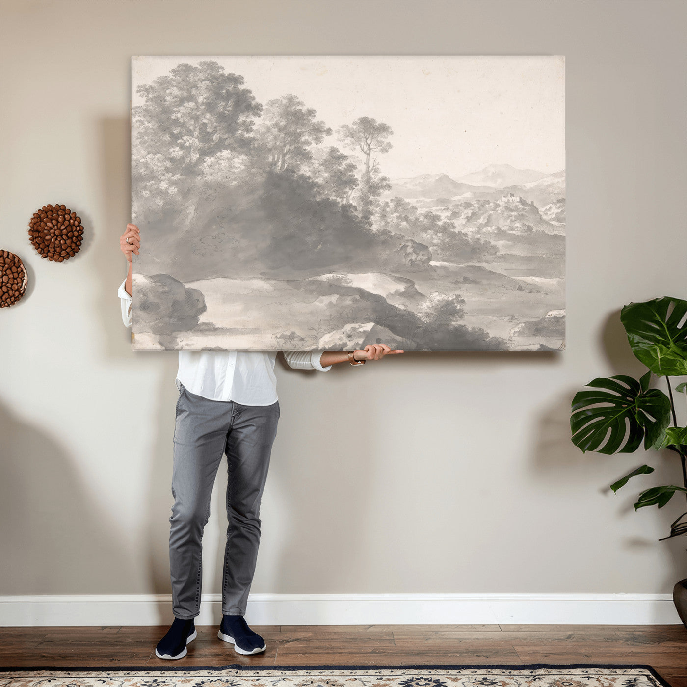 33041209-MGV-CV-36X24 - Van Poelenburch Landscape Canvas Wall Art — Dutch Golden Age Gray Wash Drawing Print | Baroque Italianate Nature Decor | Old Master Classic Gift