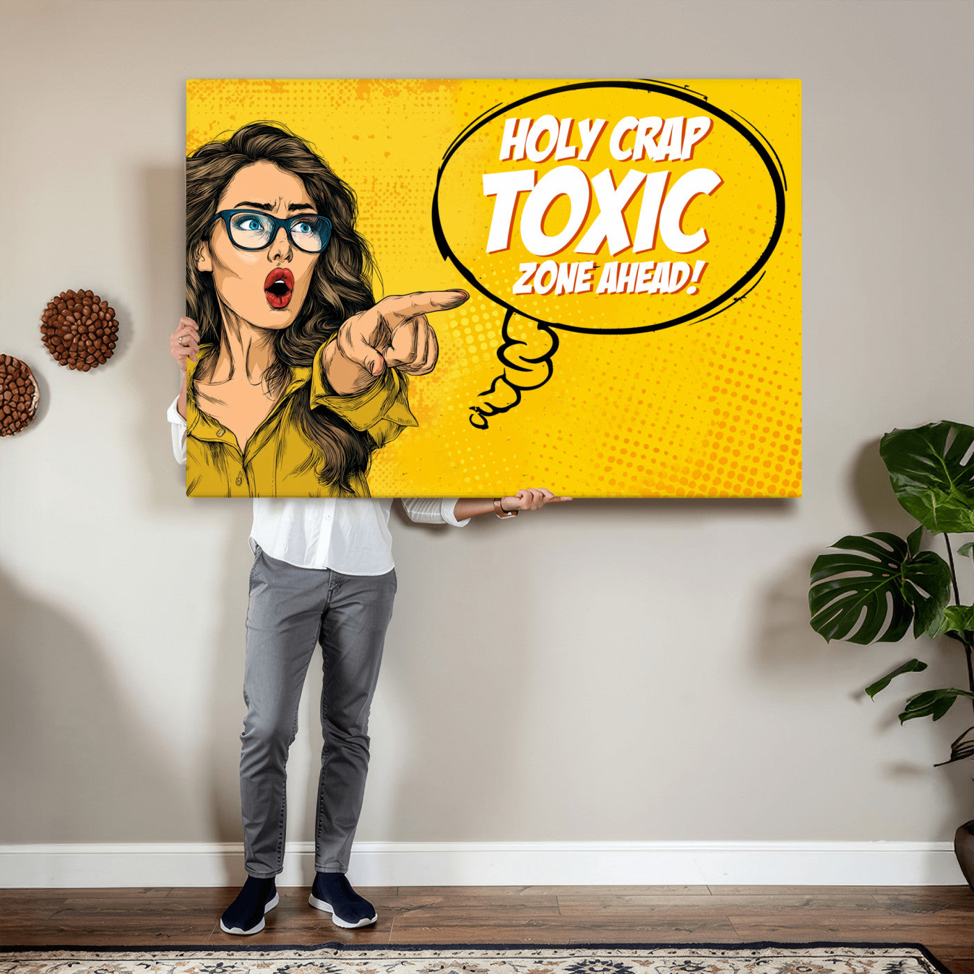 79751885-MGV-CV-36X24 - Pop Art Print Bathroom Sign Wall Art Canvas Print — Funny Bathroom Canvas | Comic Style Toilet Wall Decor | Humor Gift | Yellow Bold Bathroom Art