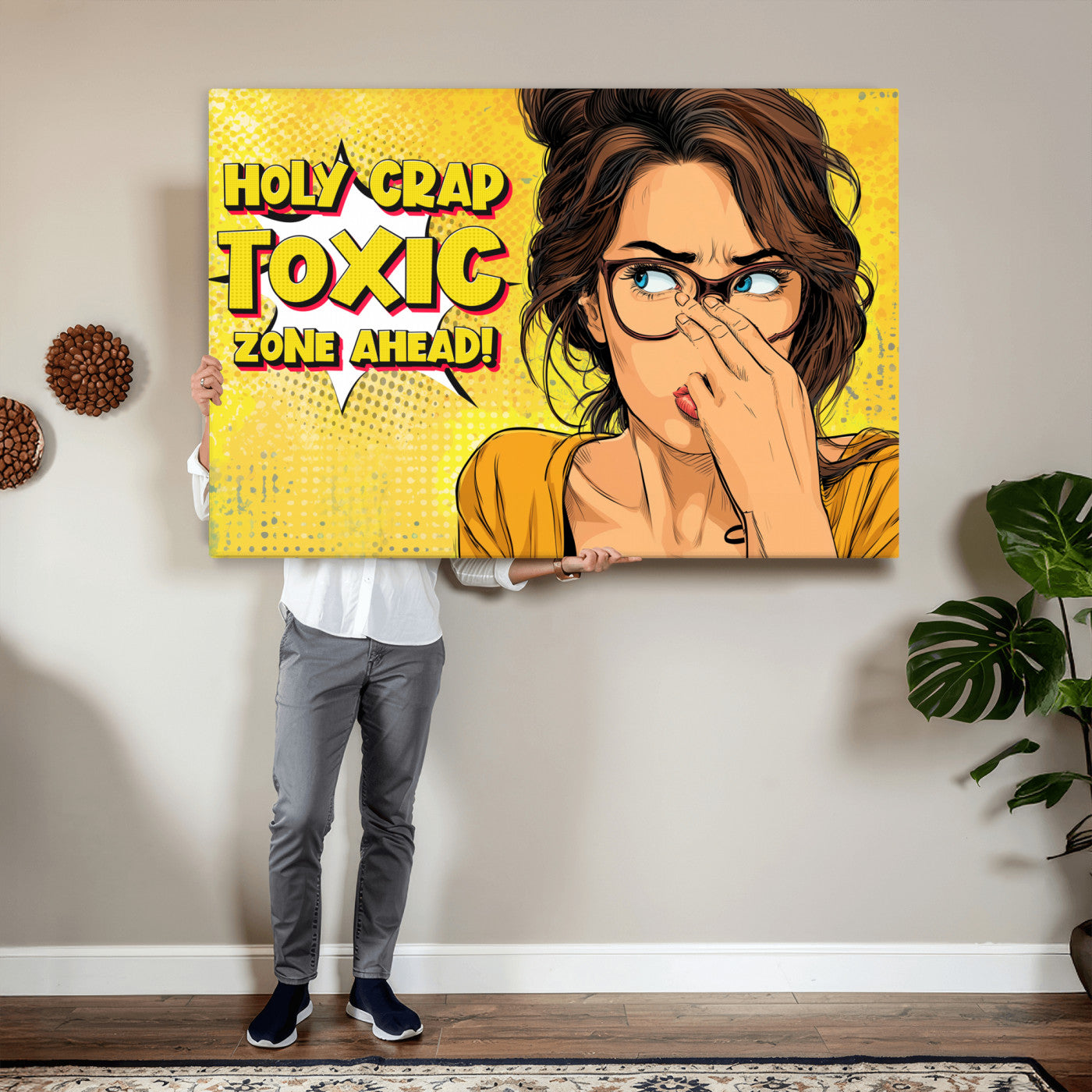 96263876-MGV-CV-36X24 - Pop Art Print Bathroom Sign Wall Art Canvas Print — Funny Bathroom Canvas | Comic Style Toilet Wall Decor | Humor Gift | Yellow Bold Bathroom Art
