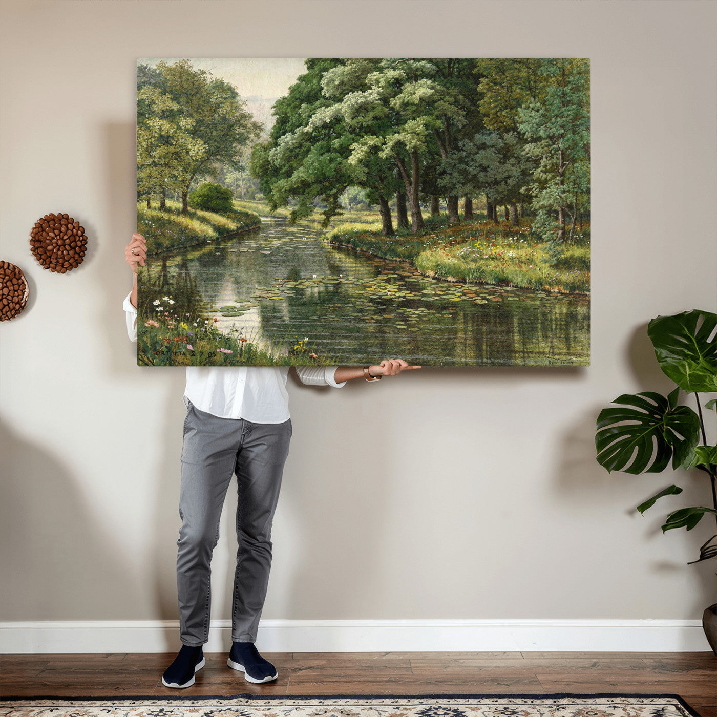 44288560-MGV-CV-36X24 - Forest Stream Canvas Wall Art, Peder Monsted A Forest Stream 1905 Print, Danish Realist Landscape, Lily Pad River Nature Decor, Vintage Green Painting