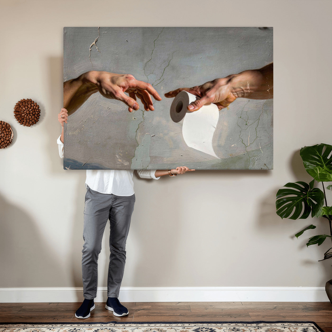 72030048-MGV-CV-36X24 - Funny Bathroom Wall Art Canvas, Creation of Toilet Paper Parody Print, Renaissance Humor Decor, Toilet Room Art, Quirky Housewarming Gift, Classic Art Spoof