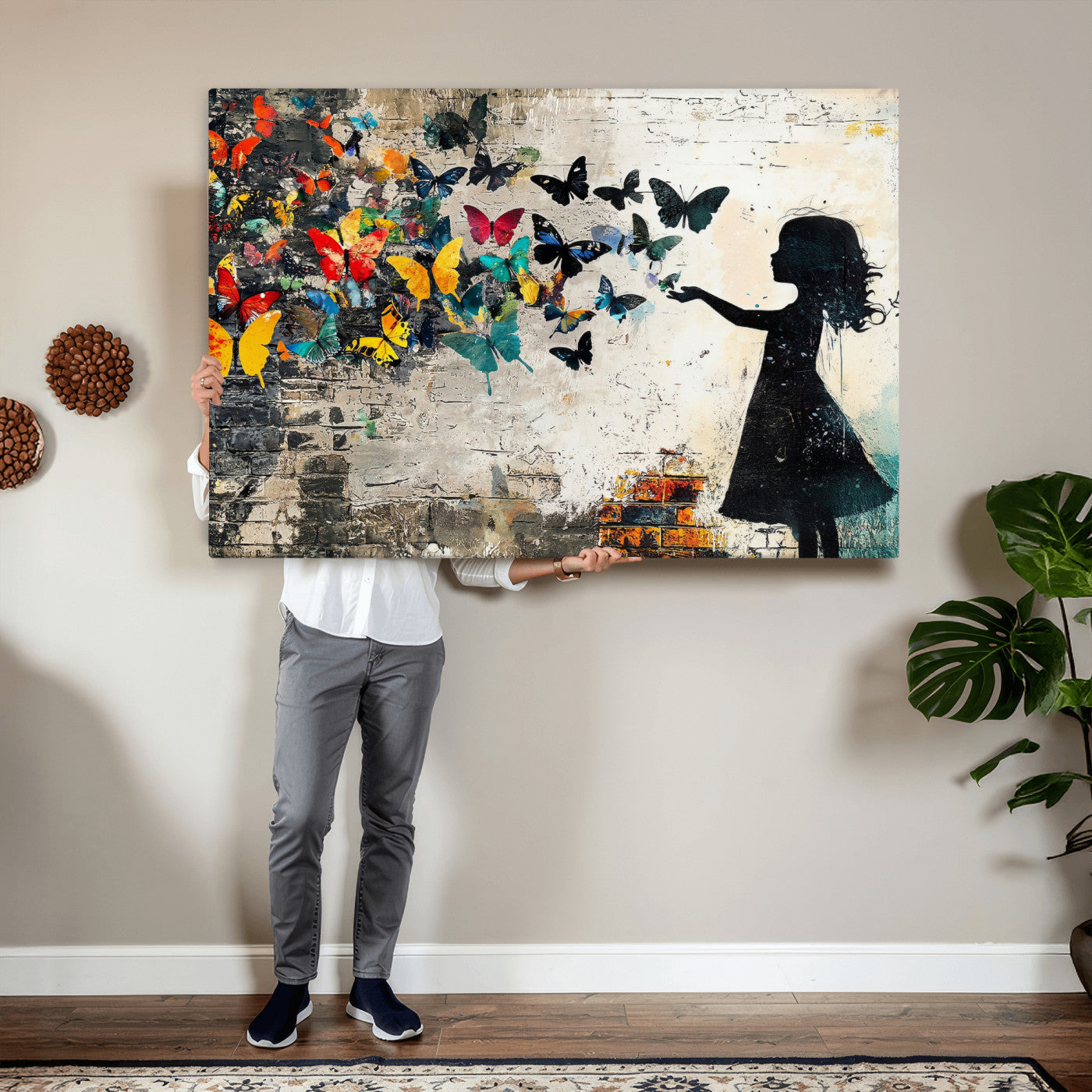 33909022-MGV-CV-36X24 - Banksy Butterfly Girl Wall Art Canvas Print, Framed Street Art Silhouette Graffiti Artwork, Colorful Butterfly Wall Decor for Living Room Bedroom Office