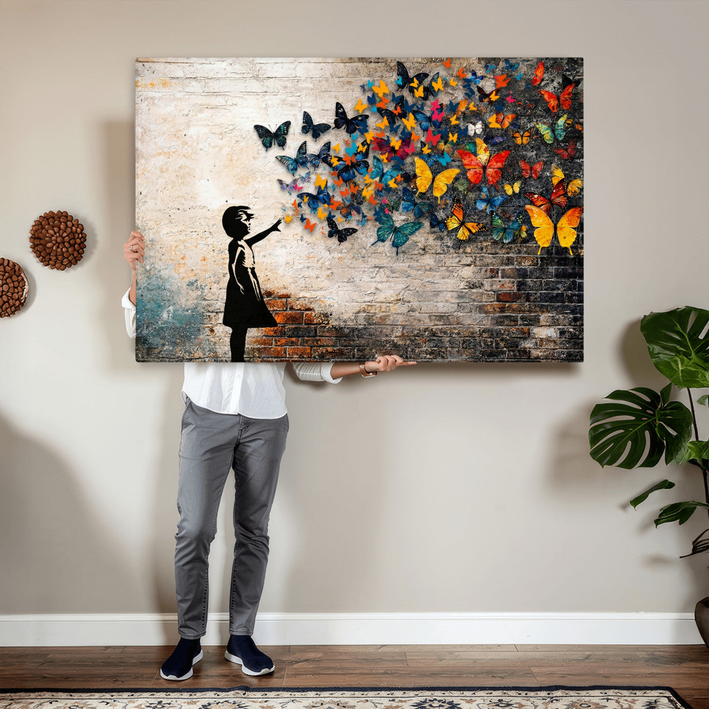 78760384-MGV-CV-36X24 - Banksy Graffiti Butterfly Girl Wall Art Canvas Print, Framed Street Art Canvas Print, Silhouette Butterfly Wall Art for Living Room Bedroom Office