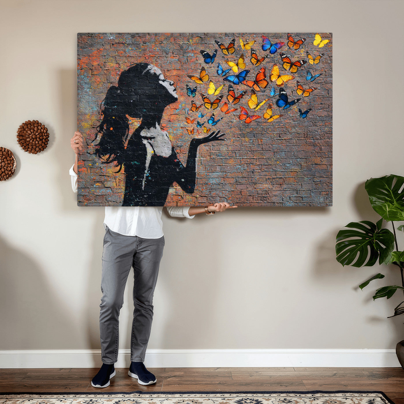 10555939-MGV-CV-36X24 - Urban Banksy Butterfly Girl Wall Art Canvas Print, Framed Street Art Canvas Print, Graffiti Silhouette Butterfly Wall Art for Living Room Bedroom Office