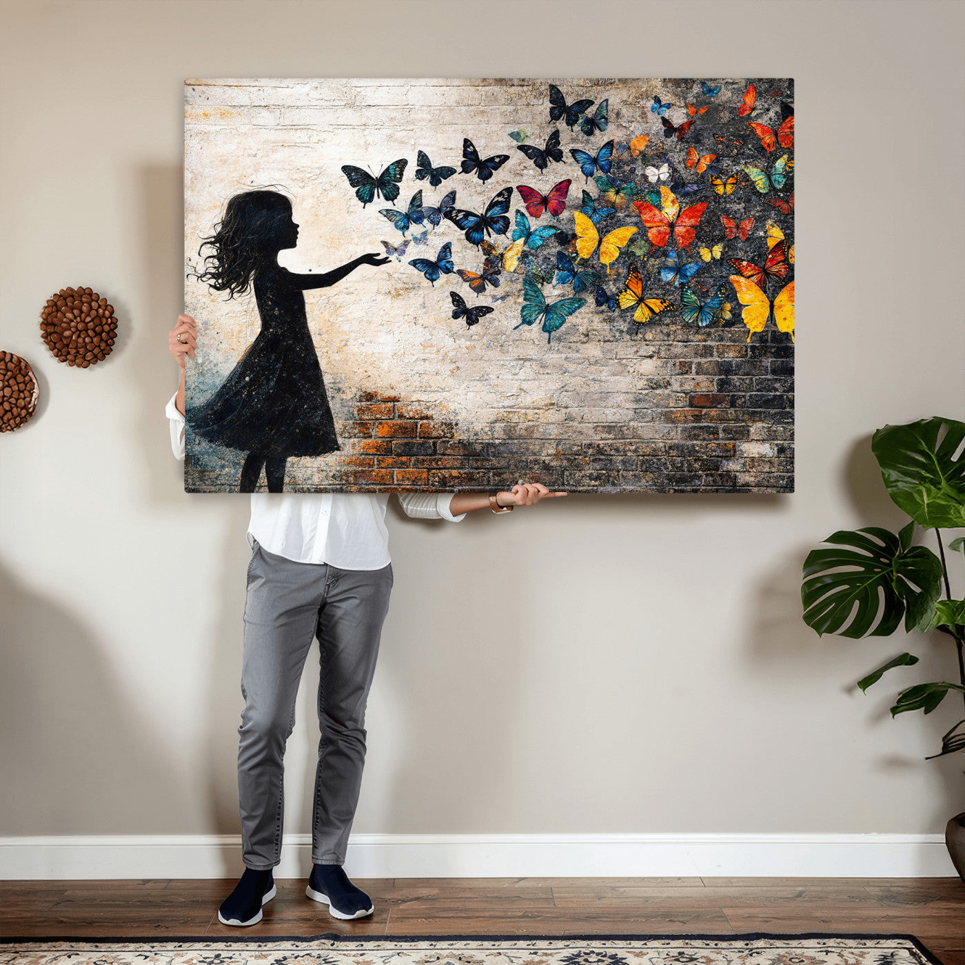 70522594-MGV-CV-36X24 - Banksy Butterfly Girl Wall Art Canvas Print, Framed Street Art Canvas Print, Graffiti Silhouette Butterfly Wall Art for Living Room Bedroom Office