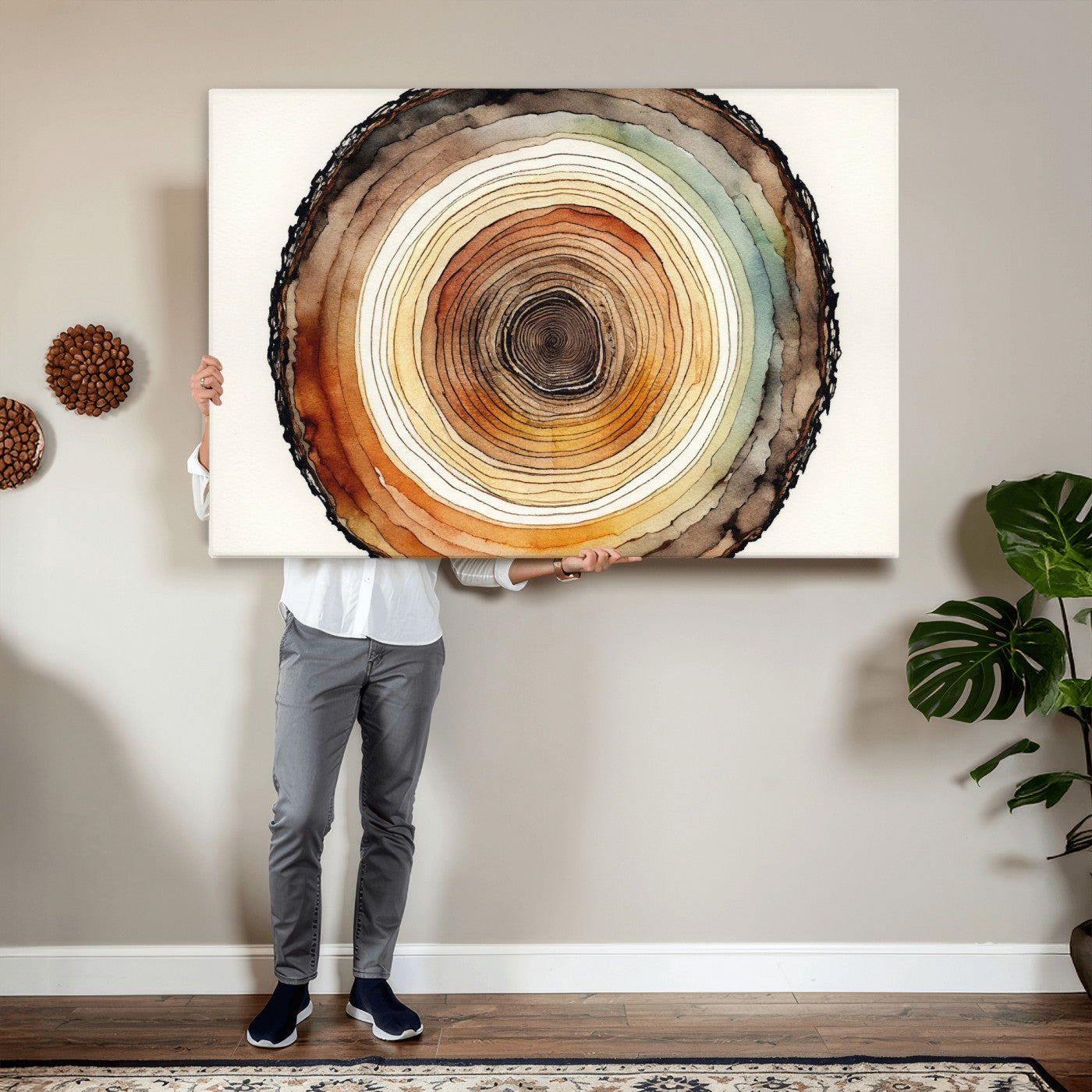 13719680-MGV-CV-36X24 - Natural Wood Slice Wall Art Canvas Print, Tree Ring Wall Art, Framed Abstract Nature Wall Decor, Earth Tone Statement Canvas Print