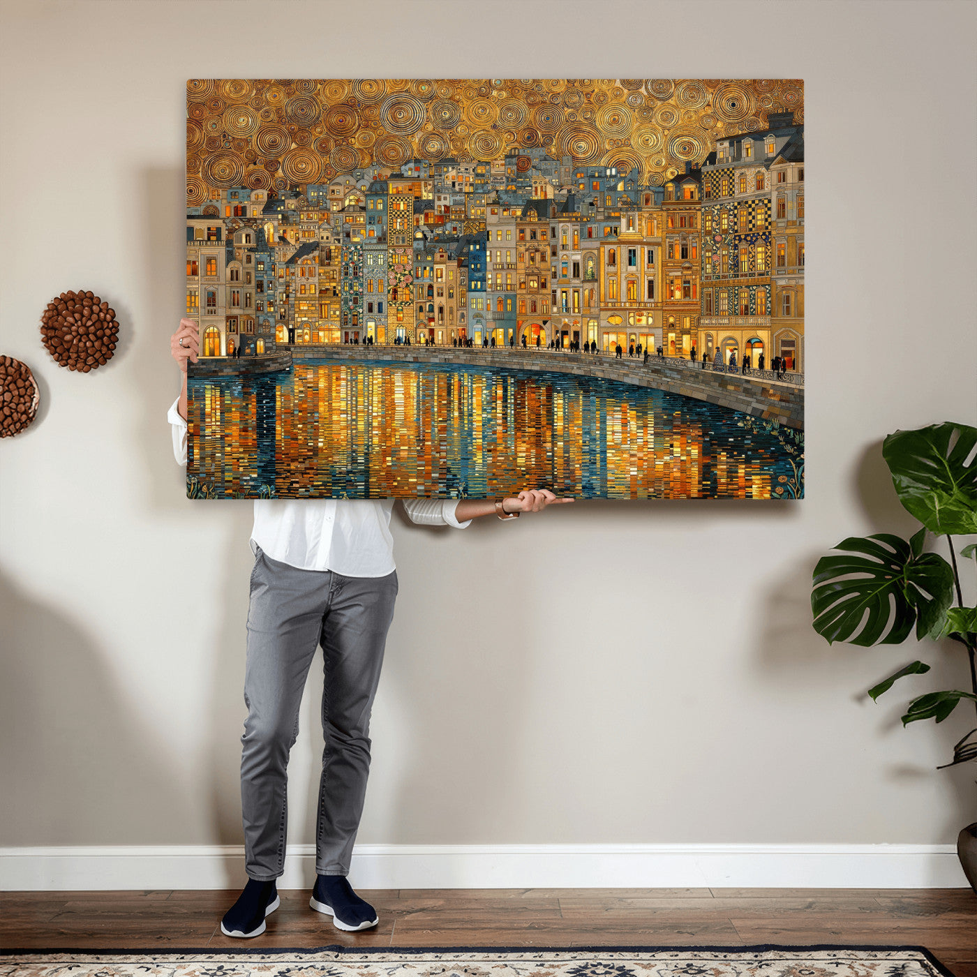 94022787-MGV-CV-36X24 - Gustav Klimt Golden Cityscape Wall Art Canvas Print, Framed River Town Landscape Artwork, Ornate Architecture Wall Decor for Living Room Bedroom Office