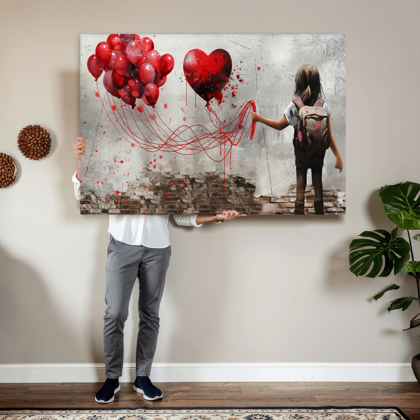 2162830T-MGV-CV-36X24 - Girl Graffiti Wall Art Canvas Print, Red Balloon Heart Street Art, Urban Love Artwork for Living Room Bedroom Hallway Office, Modern Abstract Canvas Wall Decor Home Decor