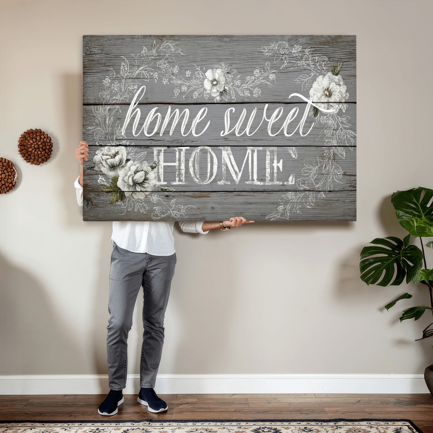 42160089-MGV-CV-36X24 - Home Sweet Home Sign Wall Art Canvas Print, Floral Farmhouse Sign, Rustic Neutral Entryway Bedroom Living Room Decor