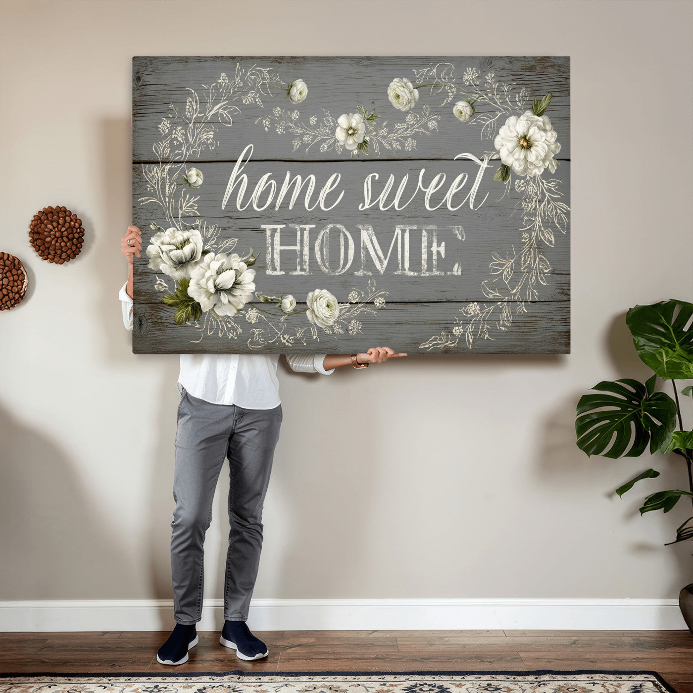 32056075-MGV-CV-36X24 - Home Sweet Home Wall Art Canvas Print, Floral Farmhouse Sign, Rustic Neutral Entryway Bedroom Living Room Decor