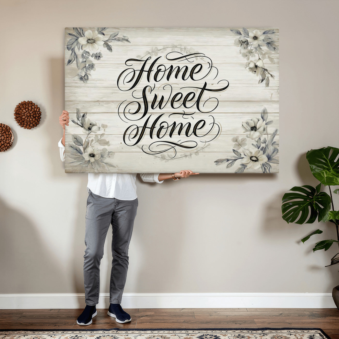 11120405-MGV-CV-36X24 - Home Sweet Home Wall Art Canvas Print, Floral Farmhouse Sign, Rustic Neutral Entryway Bedroom Living Room Decor