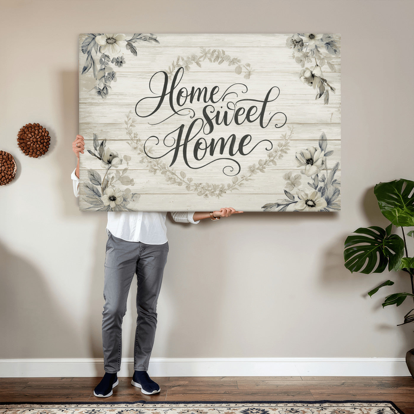 81157008-MGV-CV-36X24 - Home Sweet Home Wall Art Canvas Print, Floral Farmhouse Sign, Rustic Neutral Entryway Bedroom Living Room Decor