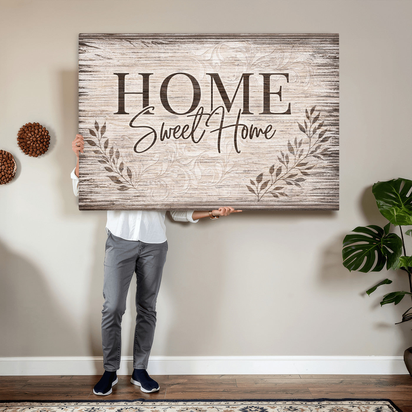 81157008S-MGV-CV-36X24 - Home Sweet Home Wall Art Canvas Print, Floral Farmhouse Sign, Rustic Neutral Entryway Bedroom Living Room Decor