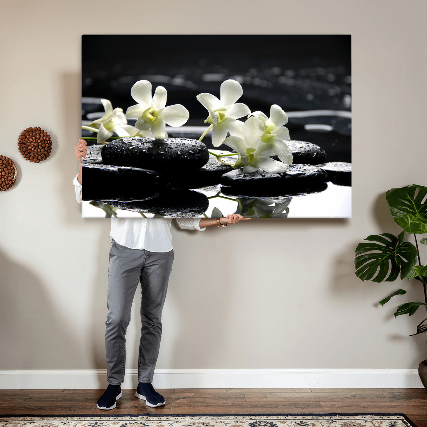 79486206-MGV-CV-36X24 - Plumeria Frangipani Black Stone Canvas | White Flower Spa Photography Print | Tropical Zen Wall Art | Grey Pebble Floral for Meditation Room Decor