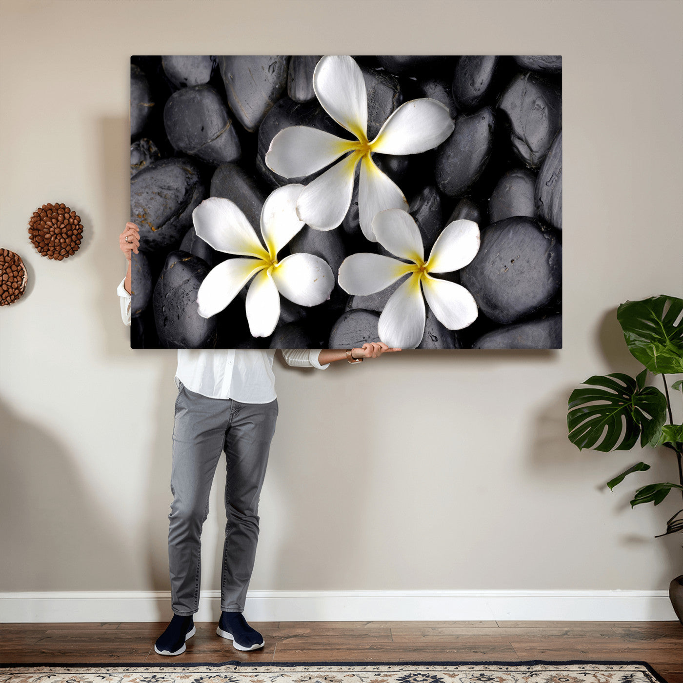 43639613-MGV-CV-36X24 - Plumeria Frangipani Black Stone Canvas | White Flower Spa Photography Print | Tropical Zen Wall Art | Grey Pebble Floral Decor