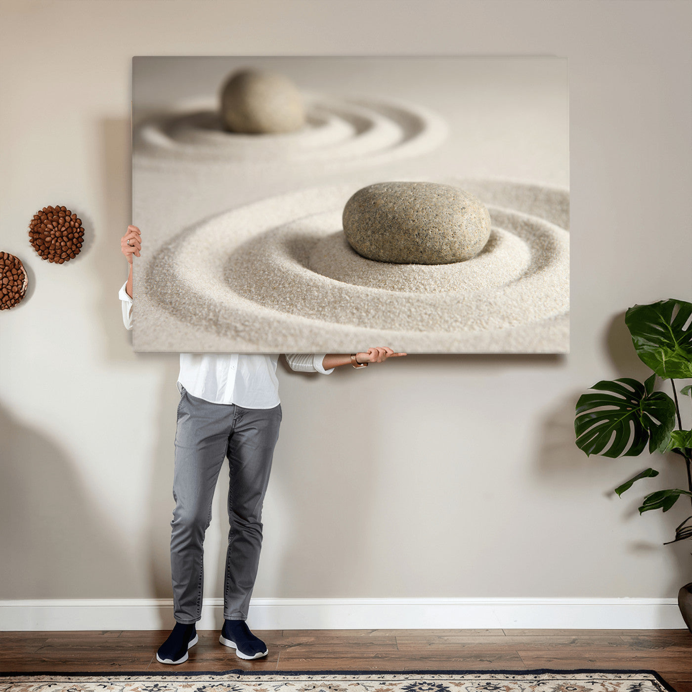 13397966-MGV-CV-36X24 - Zen Garden Stone Sand Canvas | Japanese Rock Garden Wall Art | Minimalist Meditation Print | Neutral Beige Mindfulness Decor