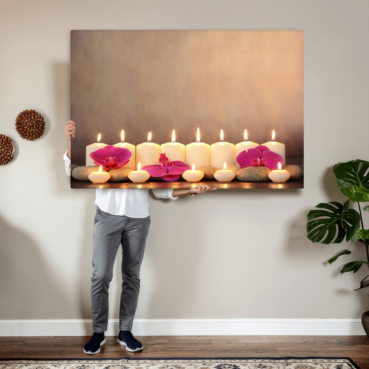 59470569-MGV-CV-36X24 - Spa Candles Orchid Canvas Print | Zen Wellness Relaxation Wall Art | Pink Flower Candlelight Bathroom Decor | Calm Beige Photography