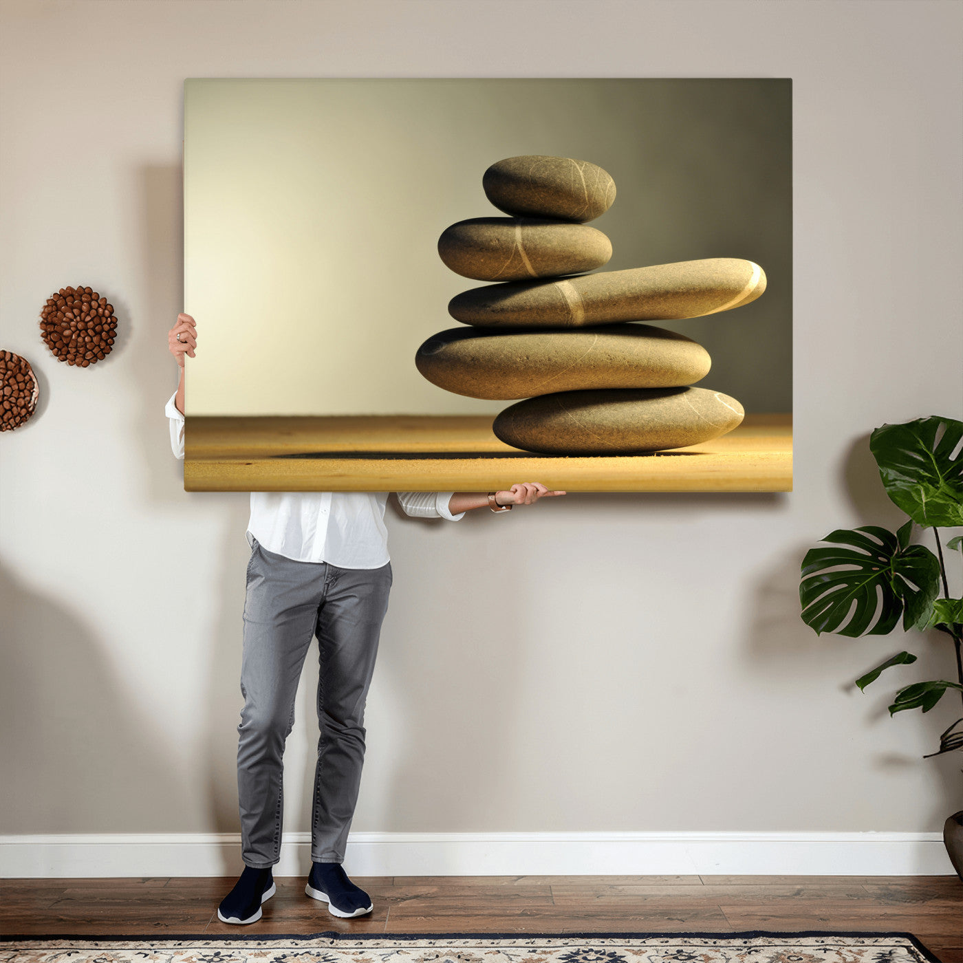 85424263-MGV-CV-36X24 - Zen Stone Wall Art Canvas Print, Balanced Rock Stack Framed Spa Artwork, Minimalist Meditation Decor for Living Room Bedroom Office Bathroom