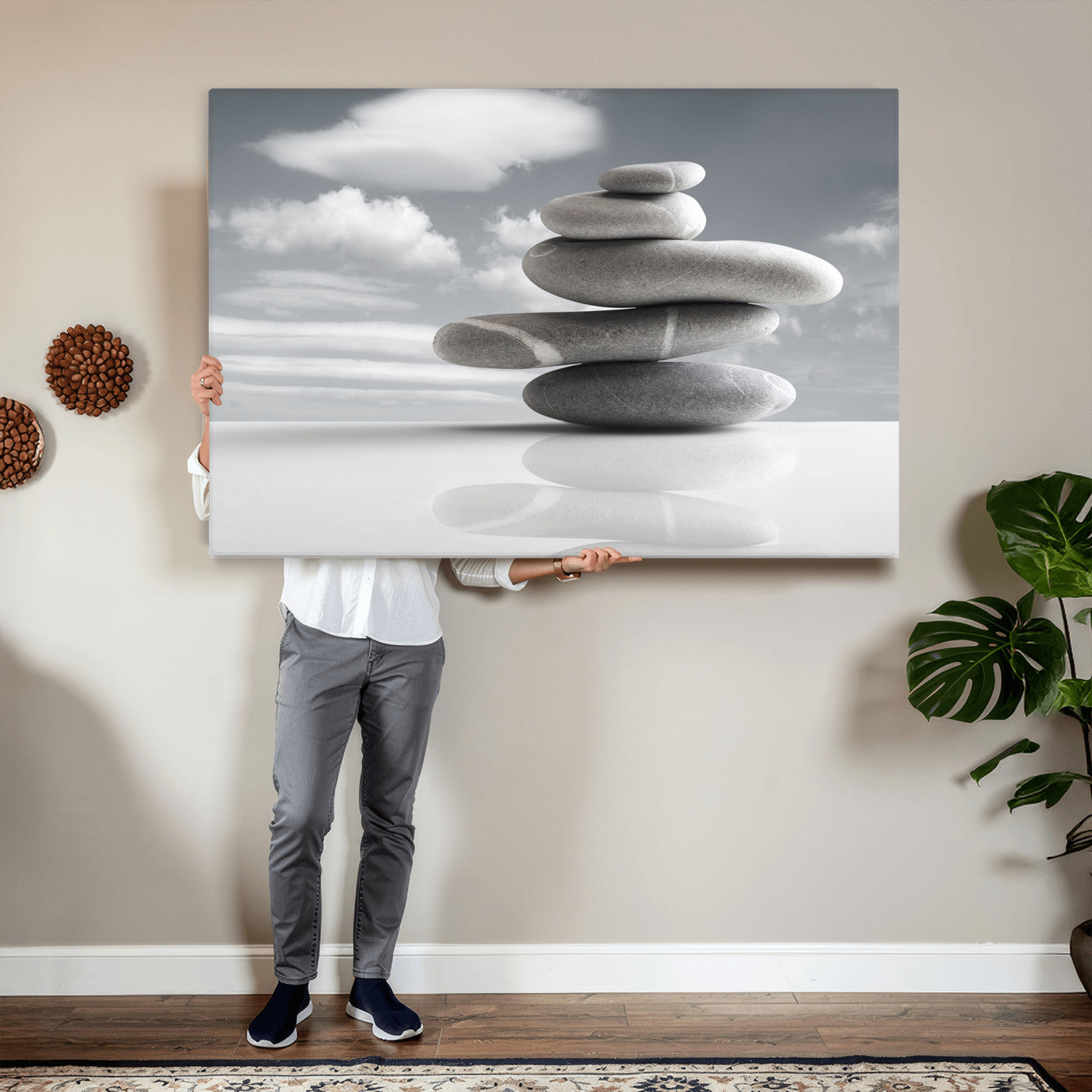 86426188-MGV-CV-36X24 - Zen Stone Wall Art Canvas Print, Balanced Rock Stack Framed Spa Artwork, Minimalist Meditation Decor for Living Room Bedroom Office Bathroom