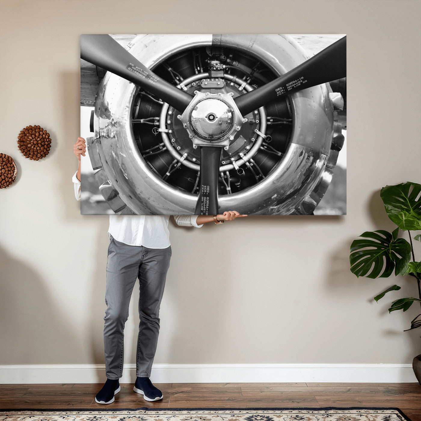 73322230-MGV-CV-36X24 - Vintage Propeller Plane Wall Art Canvas Print, Black and White Airplane Engine Close Up Framed Aviation Artwork for Pilot Office Hangar Decor