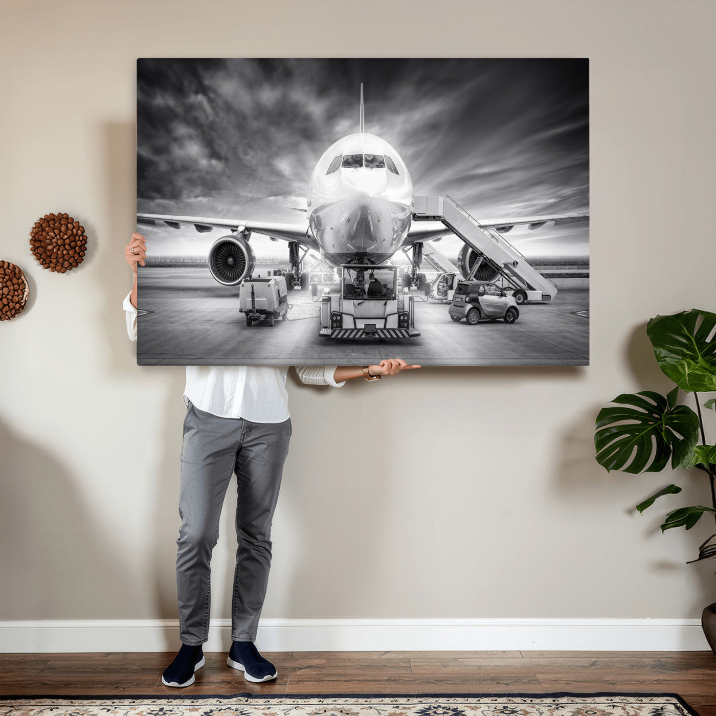 85885848-MGV-CV-36X24 - Airplane Wall Art Canvas Print, Black and White Jet Aircraft Airport Runway Framed Aviation Artwork for Pilot Office Hangar Travel Decor