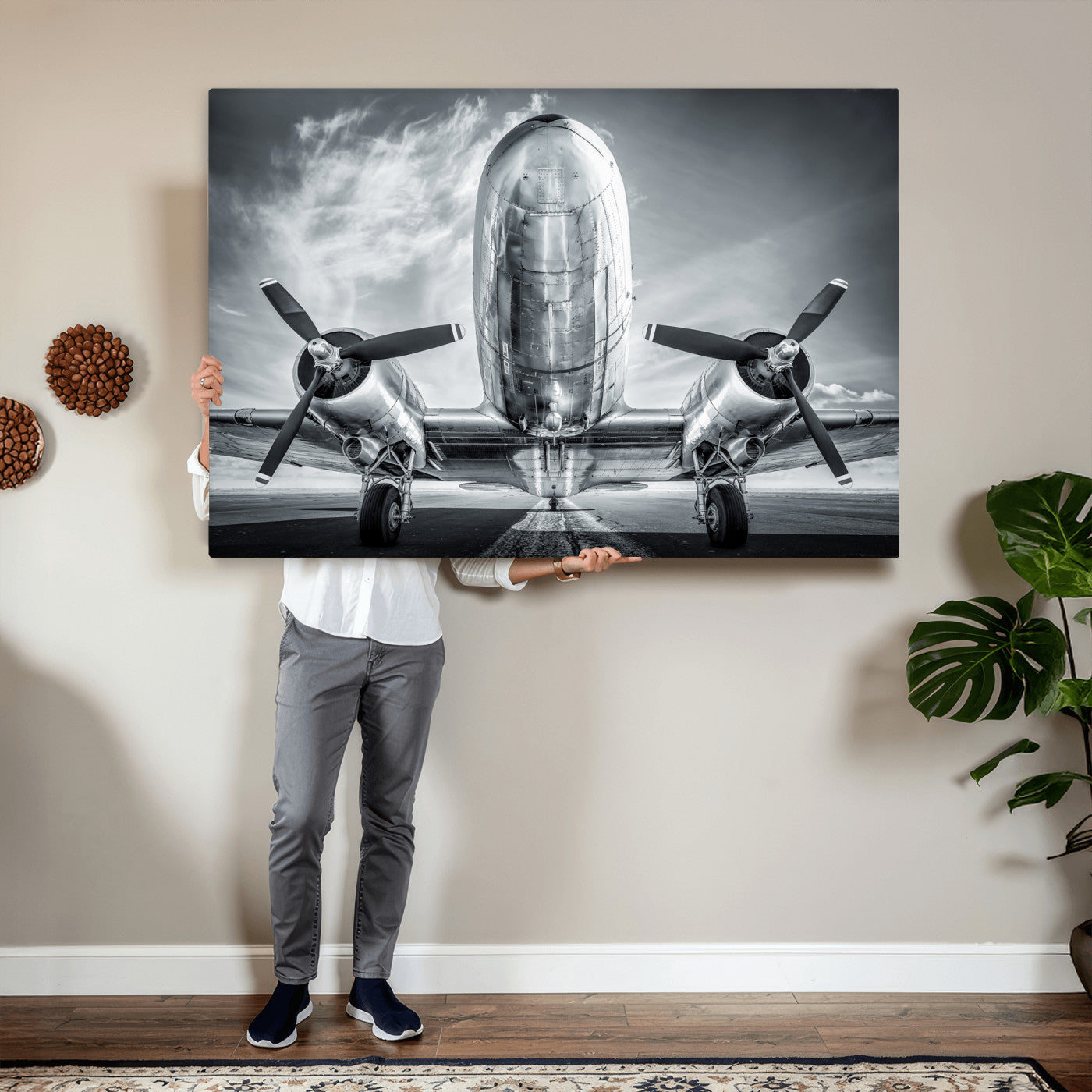 59729636-MGV-CV-36X24 - Vintage Propeller Plane Wall Art Canvas Print, Black and White Airplane Engine Close Up Framed Aviation Artwork for Pilot Office Hangar Decor