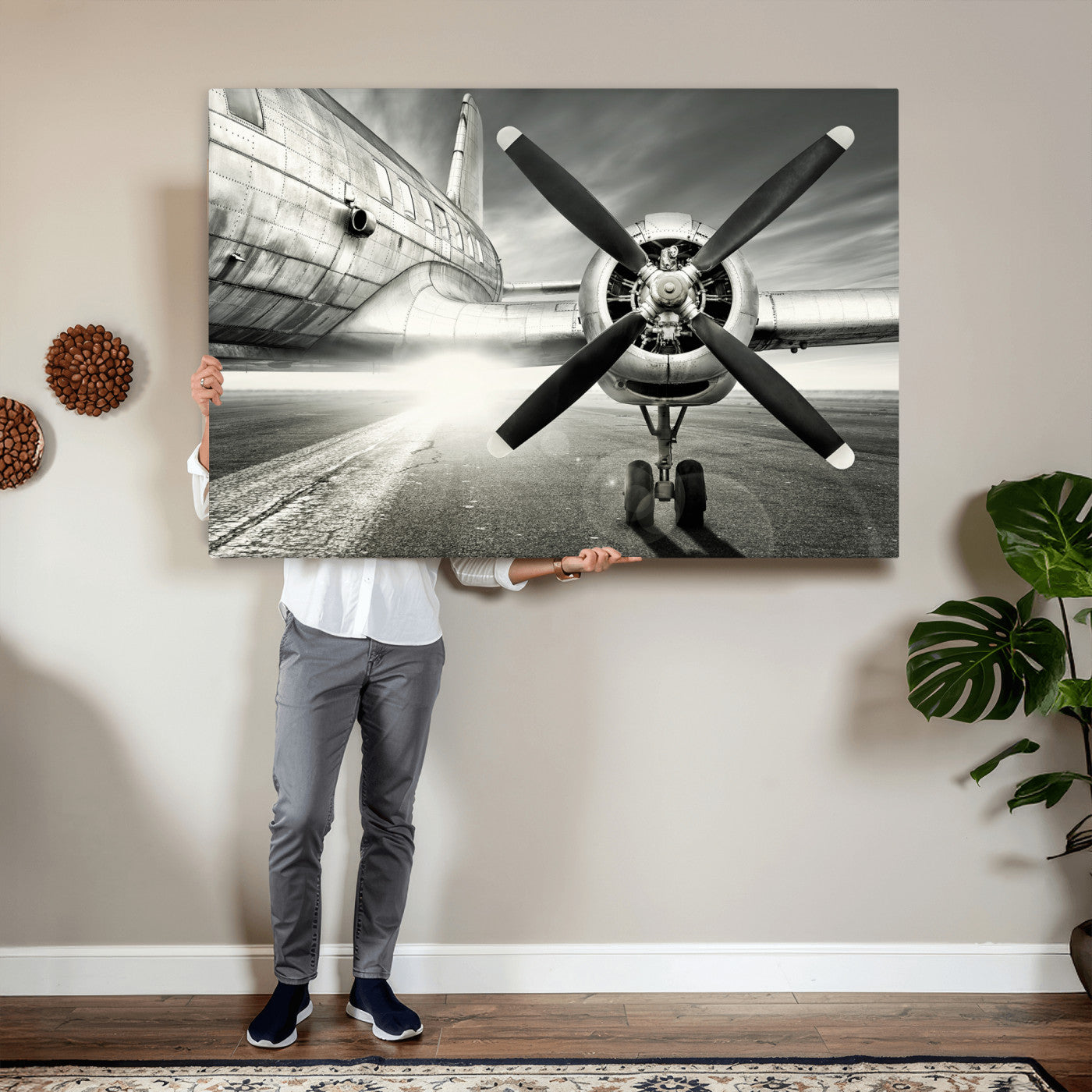 16420255-MGV-CV-36X24 - Vintage Airplane Wall Art Canvas Print, Black and White Propeller Aircraft Framed Aviation Artwork for Pilot Office Hangar Living Room Decor