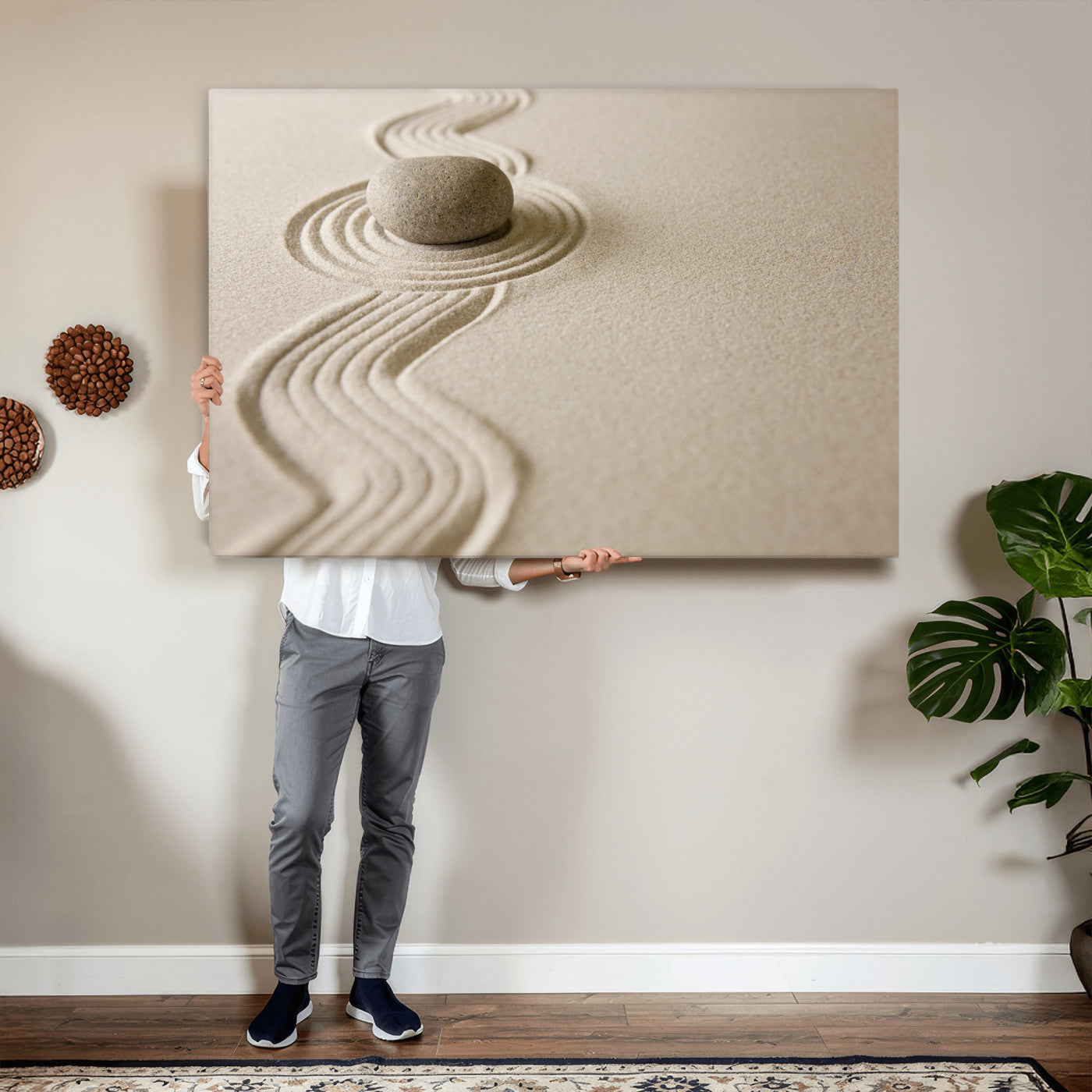66852661-MGV-CV-36X24 - Zen Garden Stone Sand Canvas | Japanese Rock Garden Wall Art | Minimalist Meditation Print | Neutral Beige Mindfulness Decor