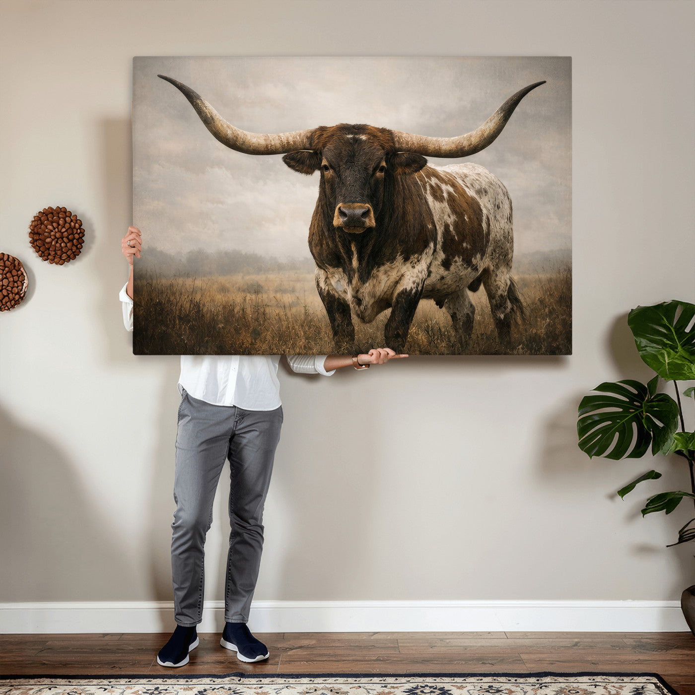 17622011L-MGV-CV-36X24 - Longhorn Bull Wall Art Canvas Print, Western Farmhouse Cowboy Decor, Rustic Texas Ranch Cattle Artwork for Living Room Bedroom Office, Framed Wall Decor